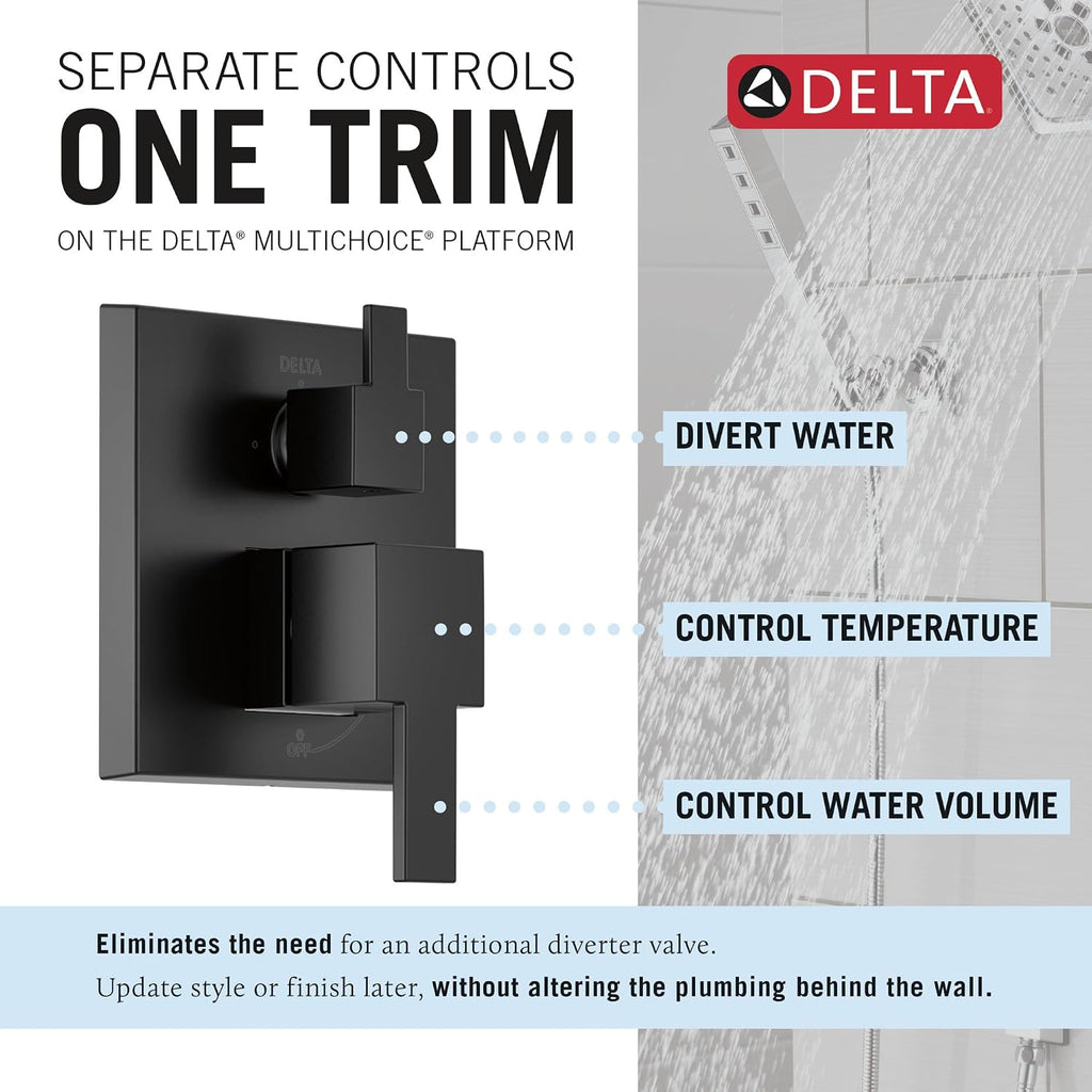 Delta Modern 14 Series Square Rain Shower System Faucet Set, Rainfall Matte Black Shower Head and Handle Set, Valve Trim Kit, 10 Inch, Matte Black T342701-BL (Valve Not Included)