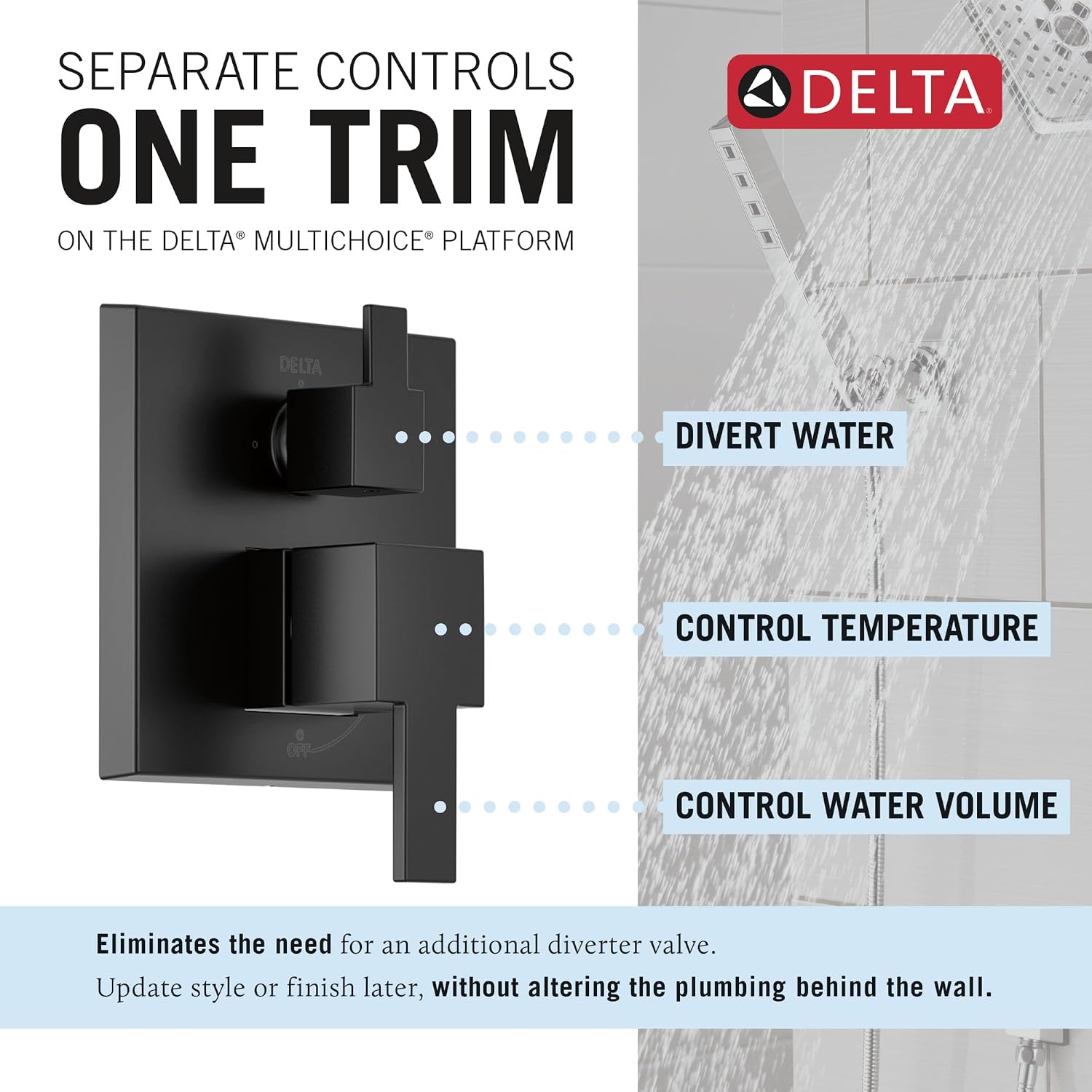 Delta Modern 14 Series Square Rain Shower System Faucet Set, Rainfall Matte Black Shower Head and Handle Set, Valve Trim Kit, 10 Inch, Matte Black T342701-BL (Valve Not Included)