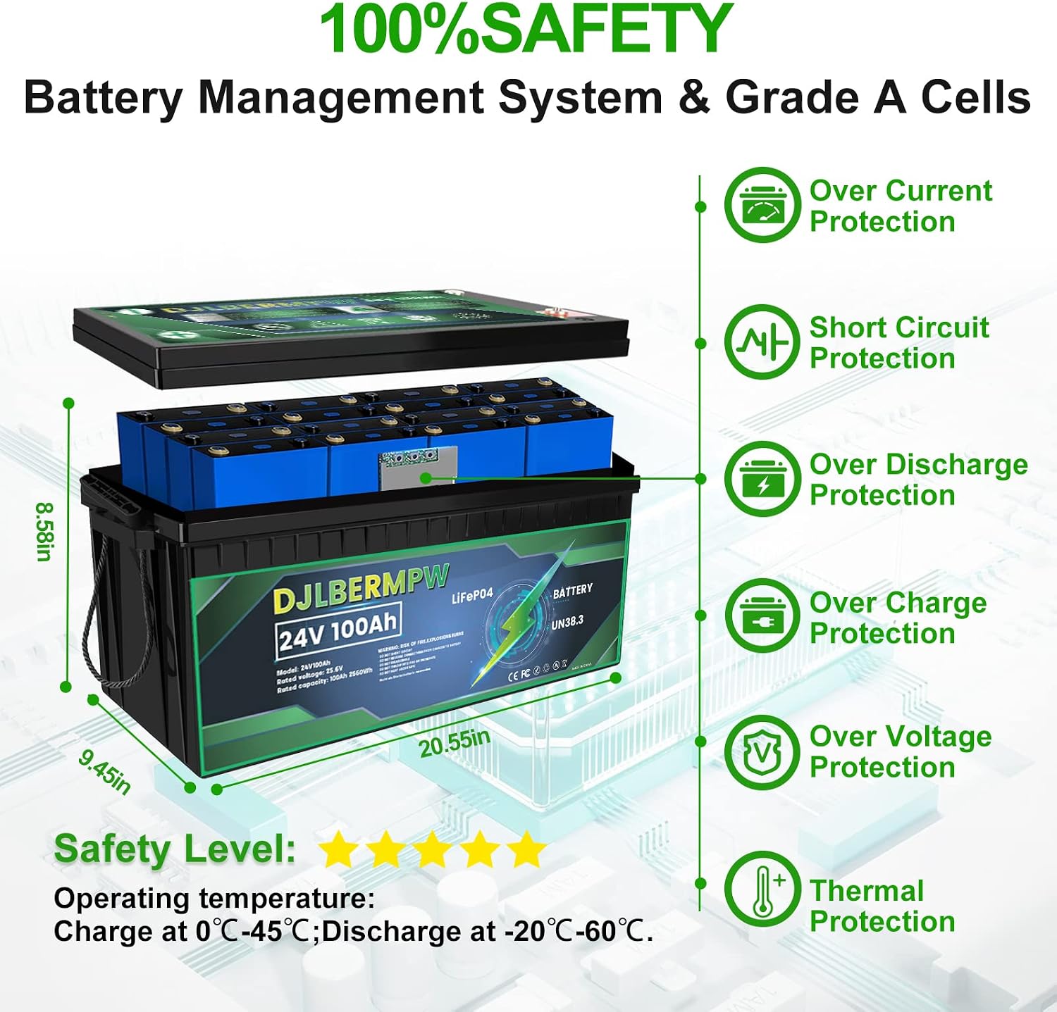 24V 100Ah Lifepo4 Lithium Battery 2560W Load Power Batteries Built-in 100A BMS Batteries 4000+ Deep Cycle Lithium Iron Phosphate Rechargeable Battery for Solar,RV,Off-Grid