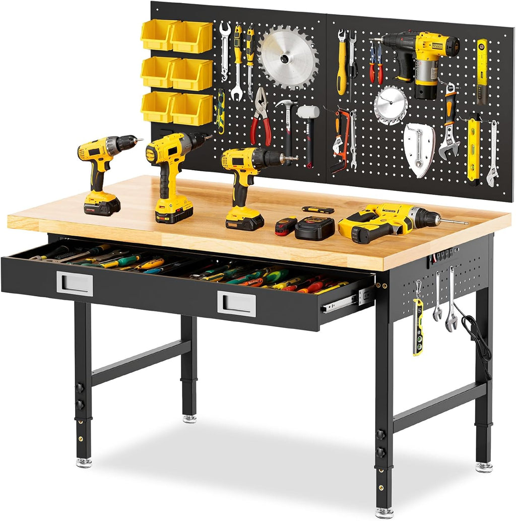48' Heavy Duty Workbench for Garage with Drawers Rubberwood Tabletop Work Table with Pegboard, Power Outlets Adjustable Height Work Bench for Home, Office, Woodworking Shop