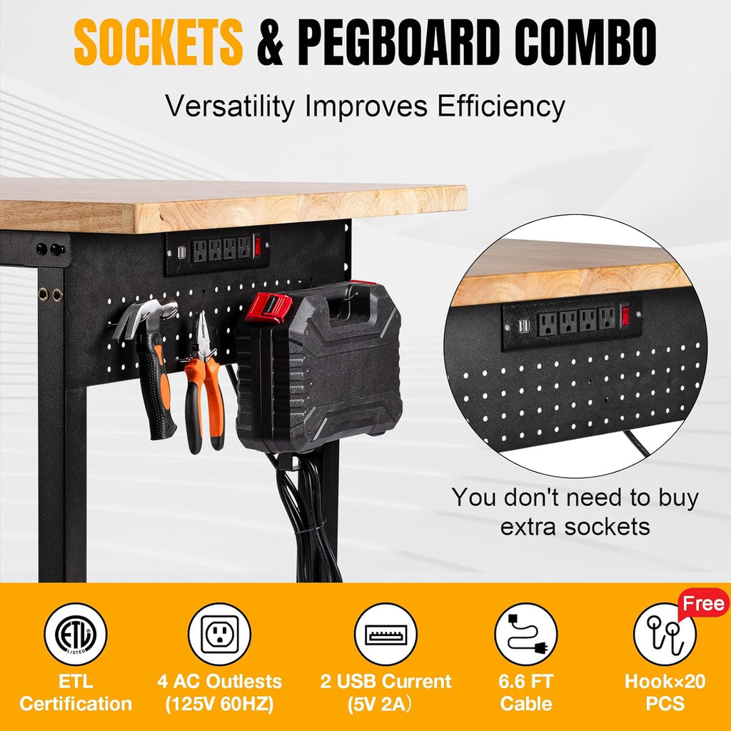 Height Adjustable Workbench 60'×22' Heavy Duty Work Table 2000 LBS Load Capacity Rubber Wood Work Station with Power Outlet & Pegboard for Garage, Office, Workshop, Home, Party Shop
