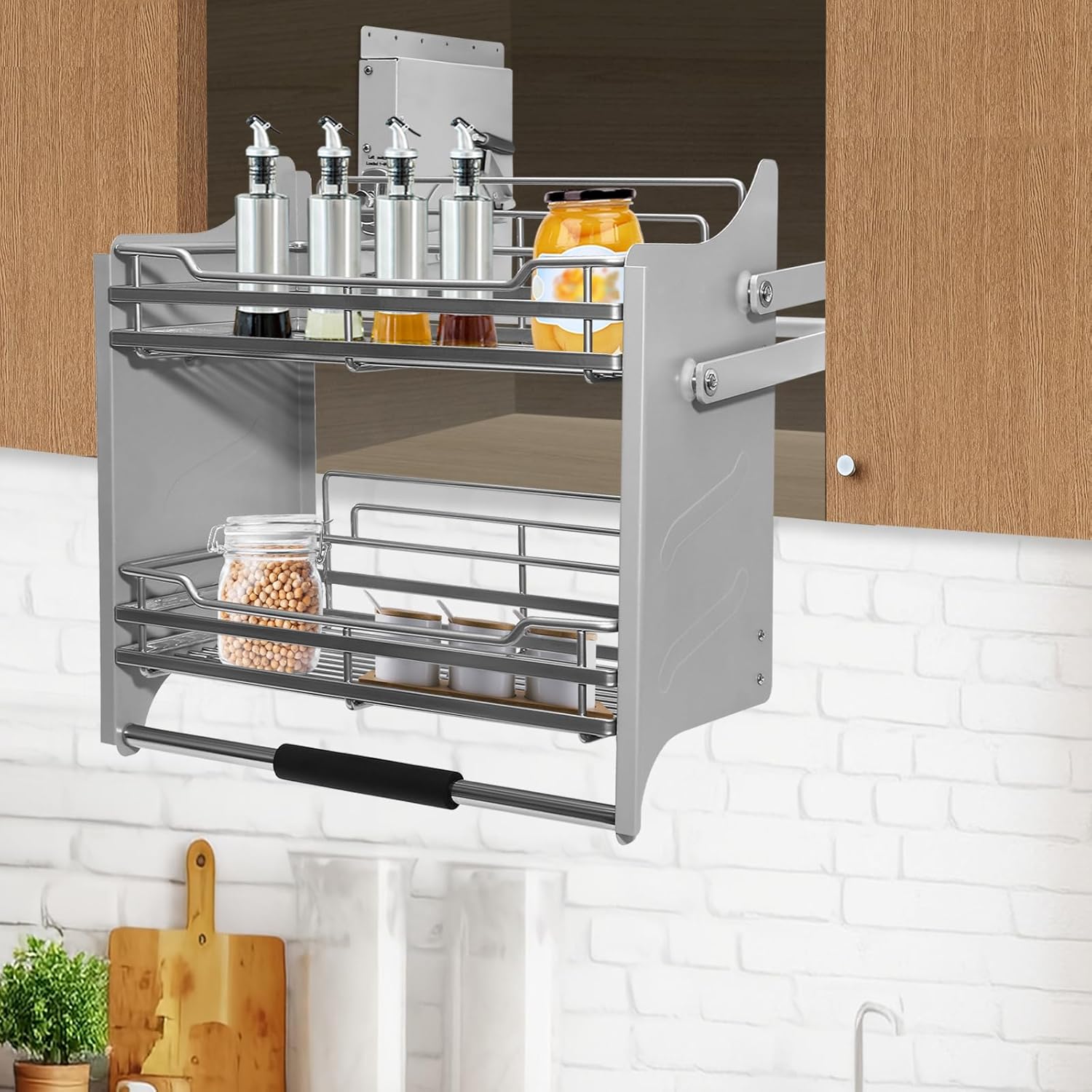 Pull-Down Cabinet Organizer, 2 Tier Pull down Shelf for Kitchen Upper Cabinet, Pull-Out Rack System Inner Space Saving Plate for Kitchen Appliance Lift Upper Cabinet, 22 Inch Width