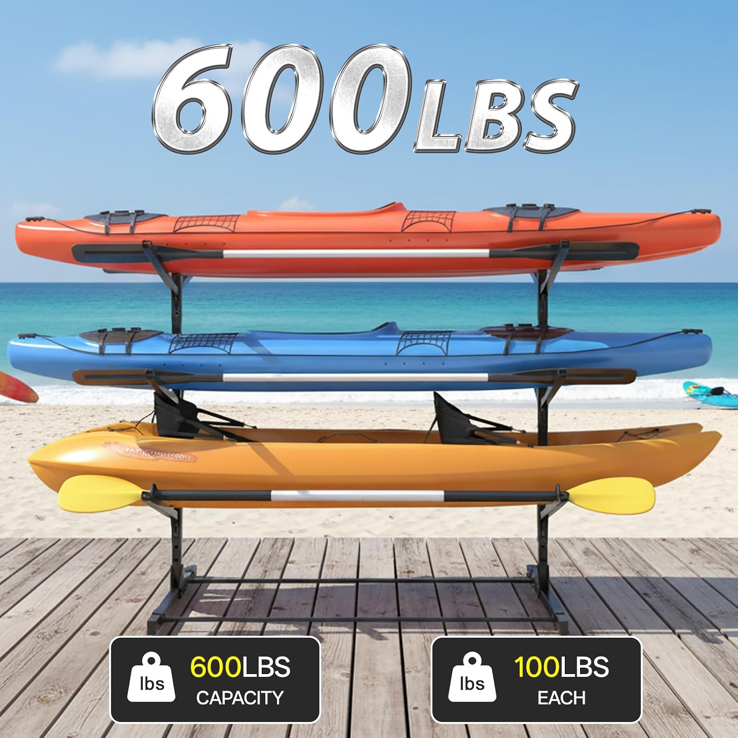 LotFun Kayak Storage Rack, Freestanding Heavy Duty Adjustable Kayak Stand Indoor Outdoor Storage Rack Garage, with Wheels and Foot Pad, for Kayaks, SUPs, Canoes, Surfboard (3 Levels for 6 Kayaks)