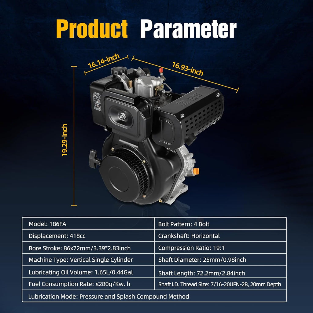Diesel Engine, 4-Stroke 10hp 418cc Diesel Motor, 6.3kw 3600rpm Vertical Horizontal Shaft Diesel Tiller Motor, w/Recoil Manual Start&Air-Cooled, for Micro-tillers, Drainage, Irrigator, 186FA, Black