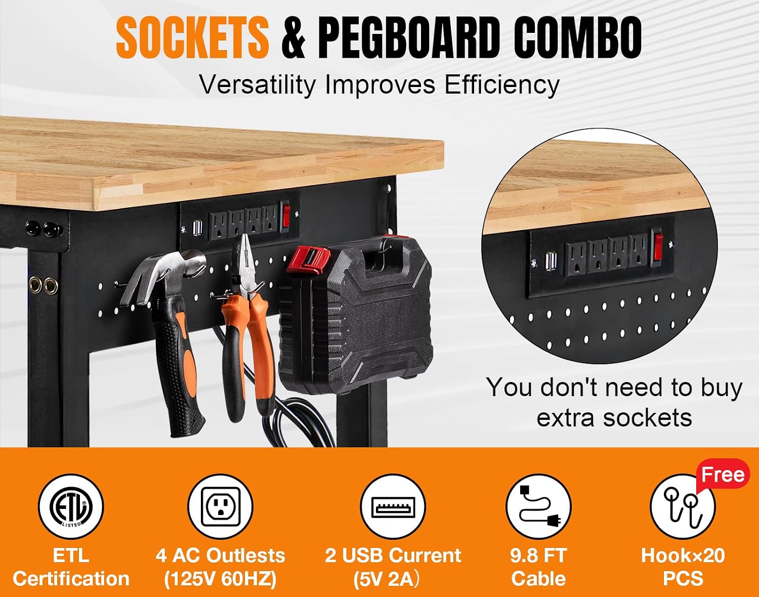 96'Adjustable Work Bench, 5000 LBS Capacity Heavy Duty Workbench with Power Outlet & Pegboard, Rubber Wood Work Table for Garage, Workshop, Office, Home