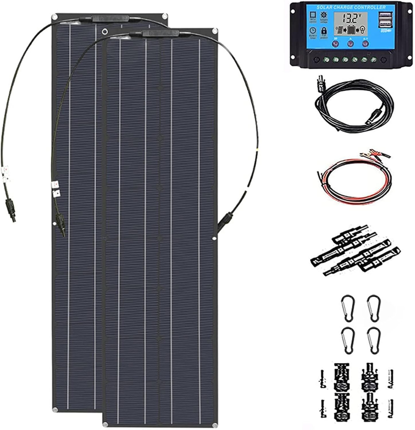 Solar Panel Portable Solar Panel Kit, 200 Watt Solar Panel Kit 2X100W Flexible Monocrystalline Include Charge Controller and Cable for Home, Camping, Boat, Caravan