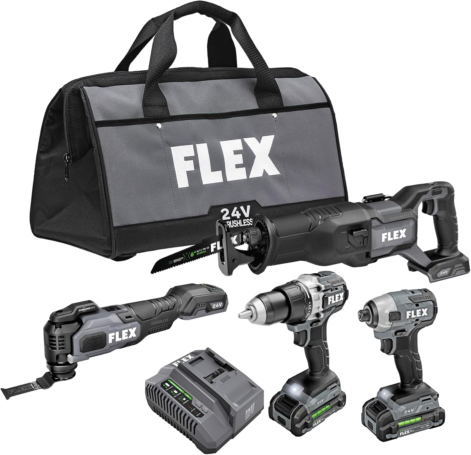 FLEX 24V Brushless Cordless 4-Tool Combo Kit: Reciprocating Saw, Oscillating Multi-Tool, Drill Driver, and Impact Driver with (2) 2.5Ah Lithium Battery and 160W Fast Charger - FXM404-2A