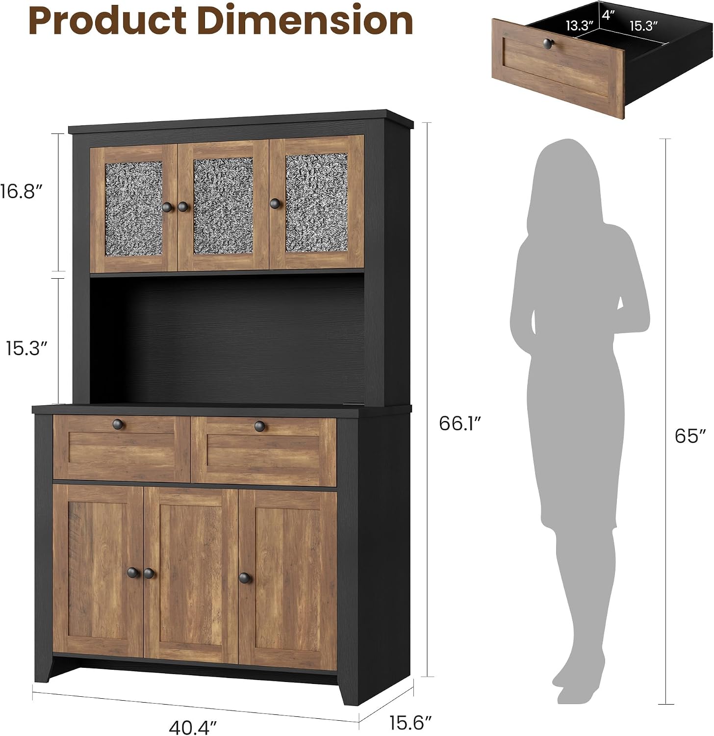 Pantry Cabinet with Charging Station, Farmhouse Kitchen Pantry Storage Cabinet with Countertop, Large Kitchen Hutch with Storage Drawers and Adjustable Shelves & Water Ripple Design for Dining Room,