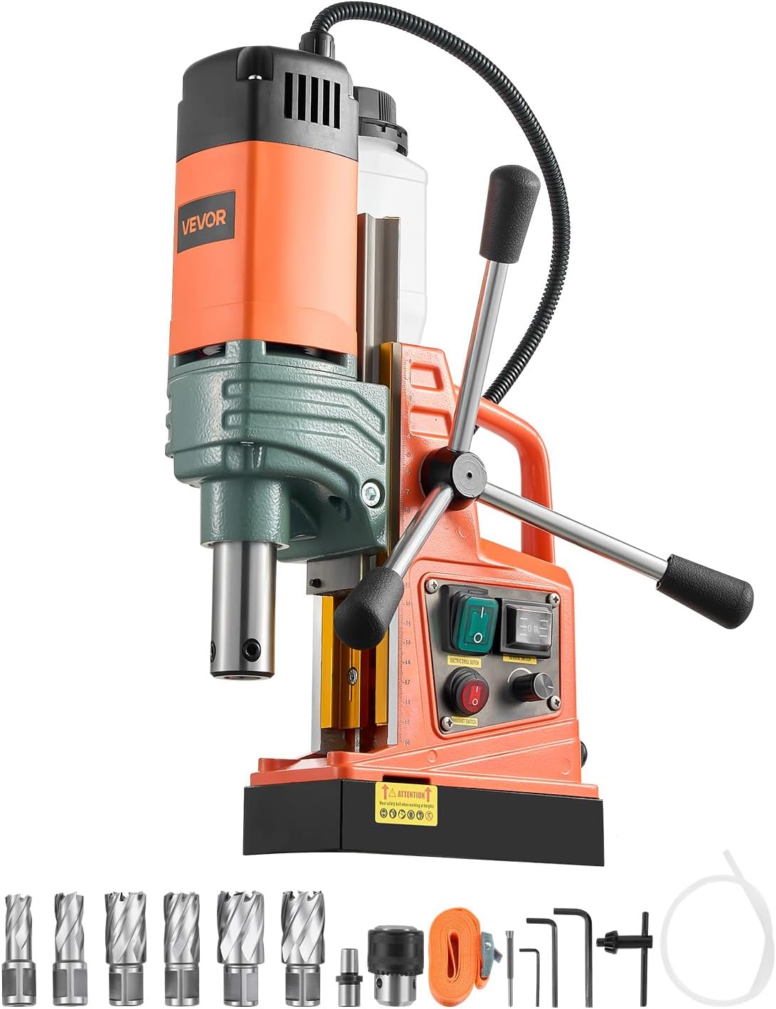 VEVOR Magnetic Drill, 1450W Motor 2 in Coring Diameter, 2922 lbf Magnetic Force, Portable Electric Mag Drill Press with 6 Coring Bits, Variable Speed, Drilling Machine for Metal Surface, Industrial
