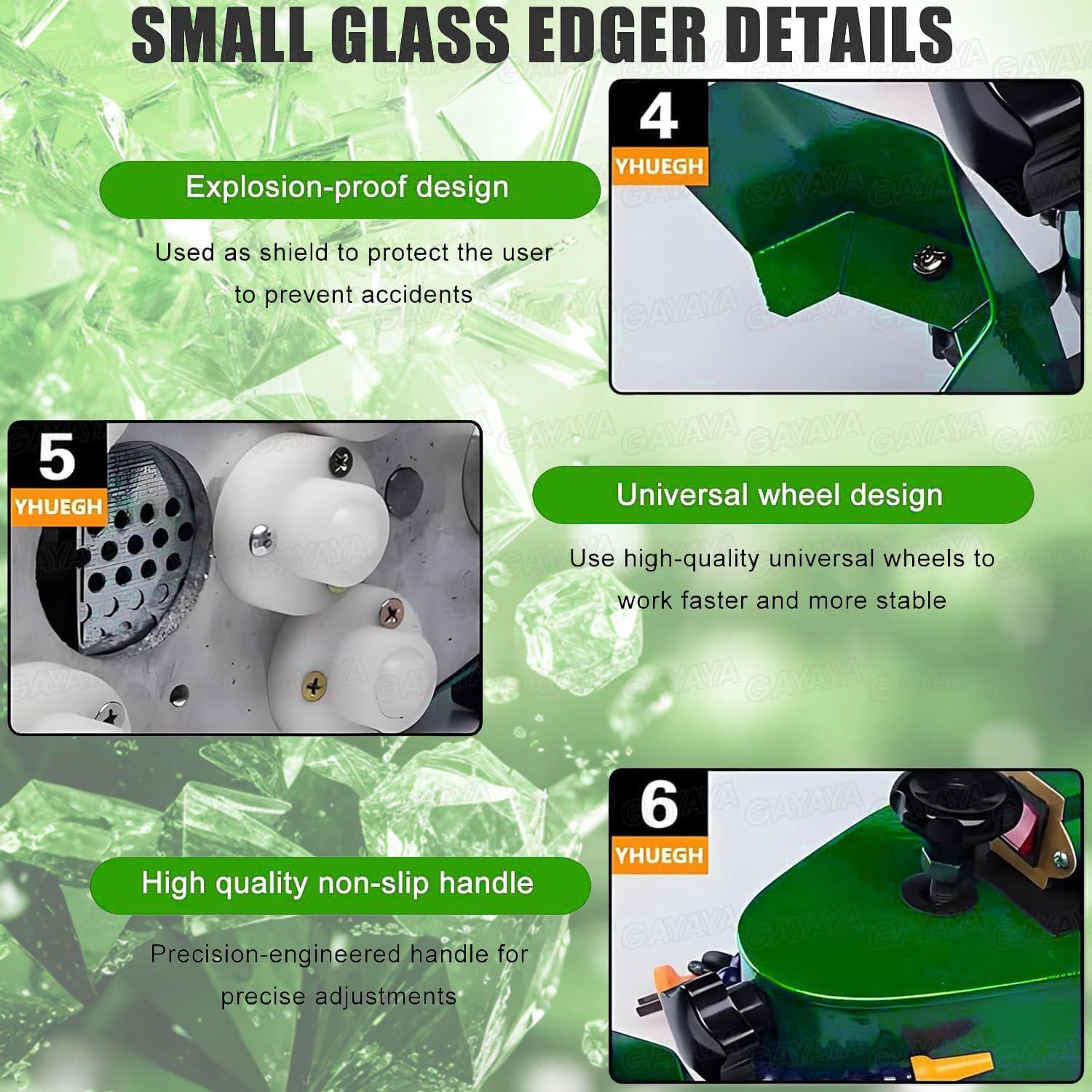 Electric Portable Glass Edger, w/8 Diamond Wheels & 2 Polishing Wheels, 8000r/Min, Straight Round Bevel Edge Trimmer, for Straight Round Bevel Edge Green