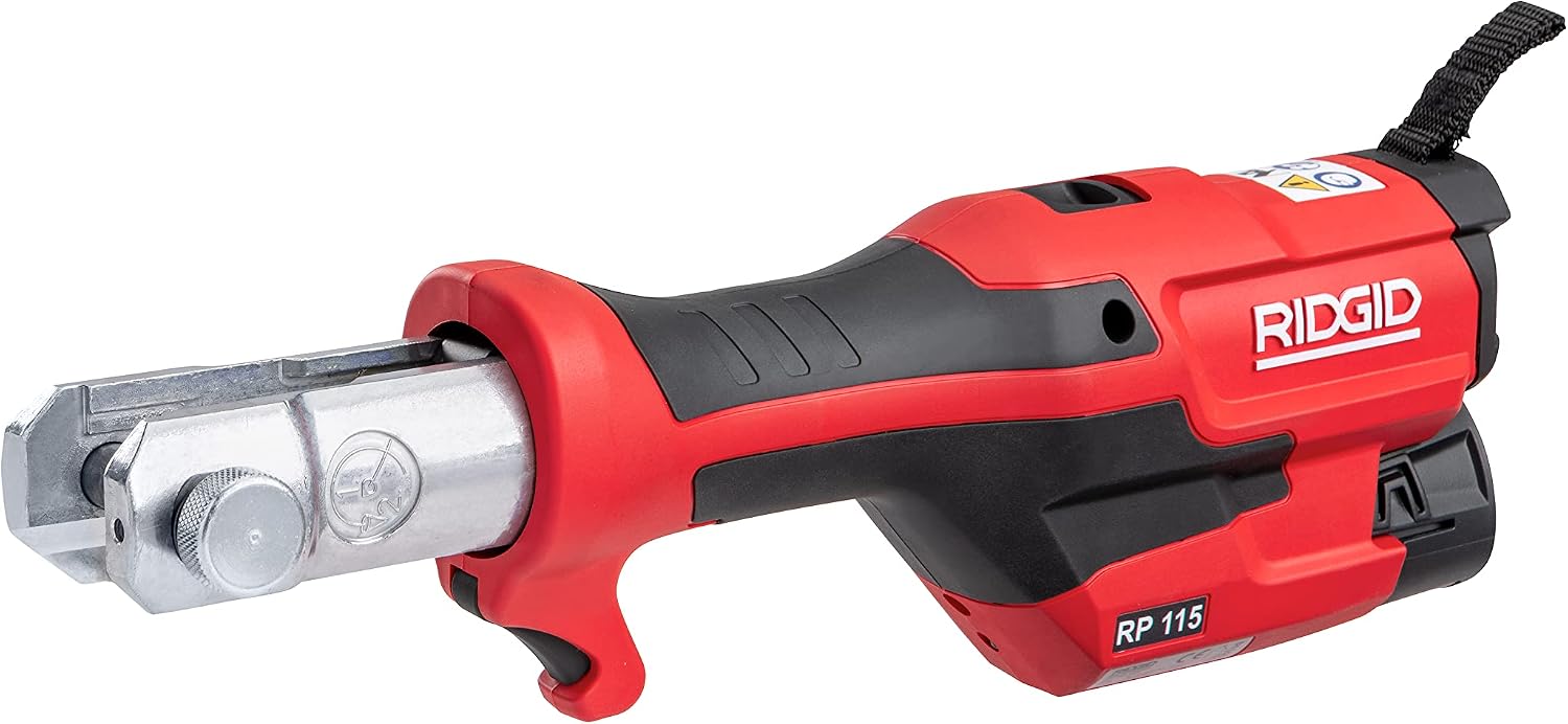 RIDGID 72553 Model RP 115 Mini Press Tool and Battery Kit with 1/2' to 3/4' ProPress Press Tool Jaws, 2V Li/Ion Battery, 12V Charger, and Carrying Case , Red