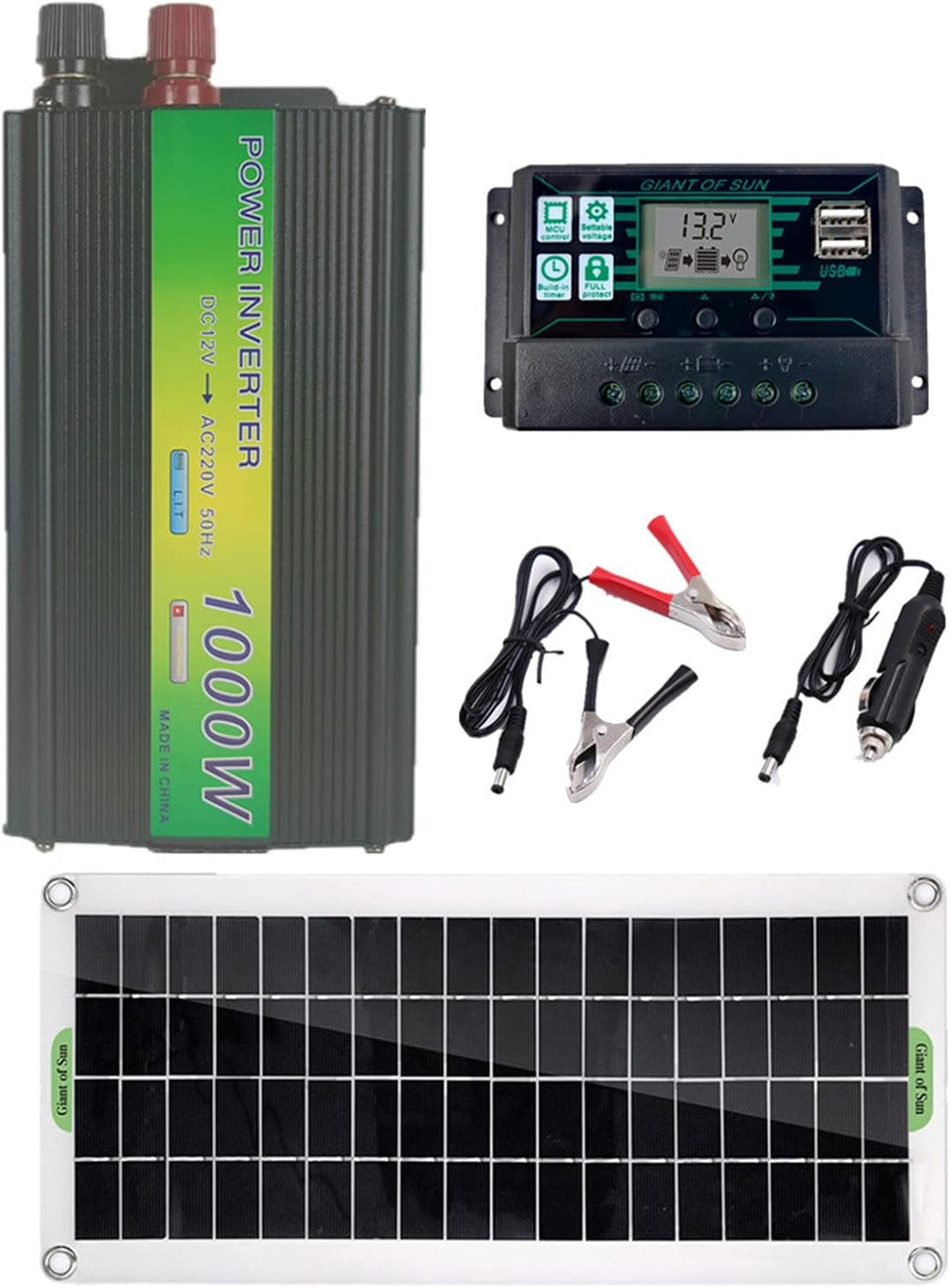 30W Monocrystalline Solar Panel Kit, for Boat, Roof, Car, RV, Camping, with 1000W Inverter, 100A Solar Charge Controller, Alligator Clip Wire