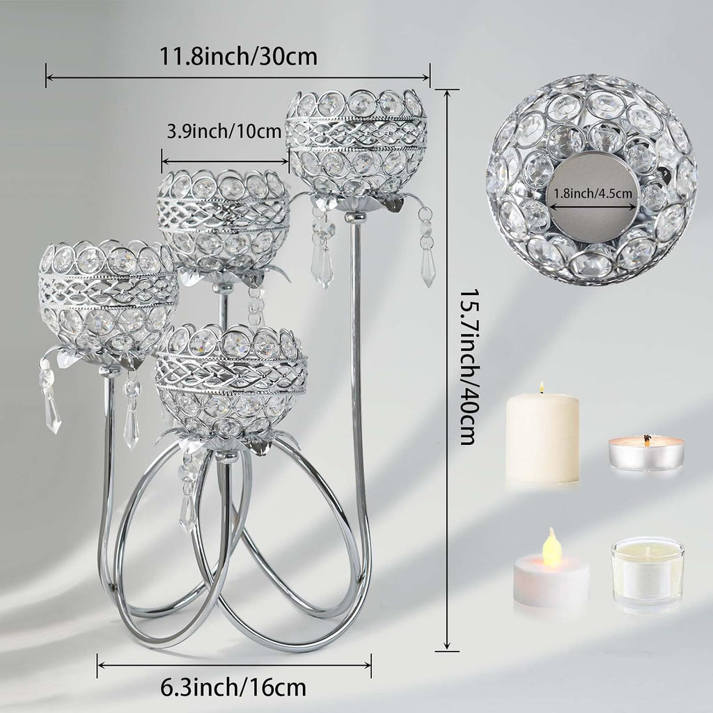 4 Arms Crystal Candelabra Tealight Holder - Tall 15.7 Inch Elegant Centerpiece with Crystal Pendant Bowls & Artistic Metal Stand for Wedding, Dining Table, Home Decor (4, Silver)