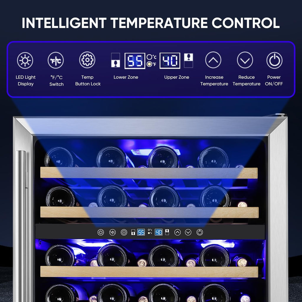 ORYMUSE 24 Inch Wine Cooler Refrigerator, 46 Bottle Dual Zone Wine Fridge with Stainless Steel Glass Door, Adjustable Shelves, Upgraded Compressor, Built-In Freestanding for Home, Bar, Kitchen