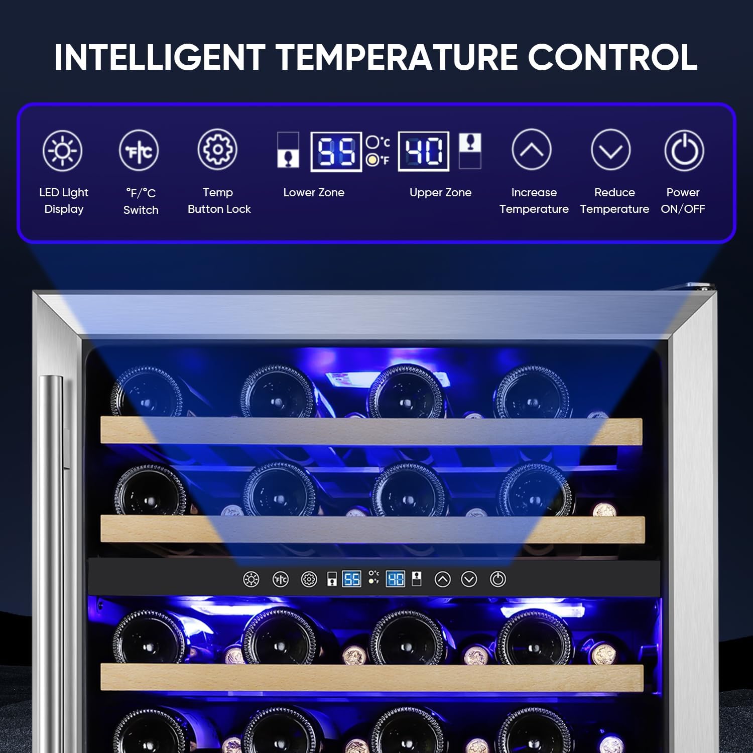 ORYMUSE 24 Inch Wine Cooler Refrigerator, 46 Bottle Dual Zone Wine Fridge with Stainless Steel Glass Door, Adjustable Shelves, Upgraded Compressor, Built-In Freestanding for Home, Bar, Kitchen