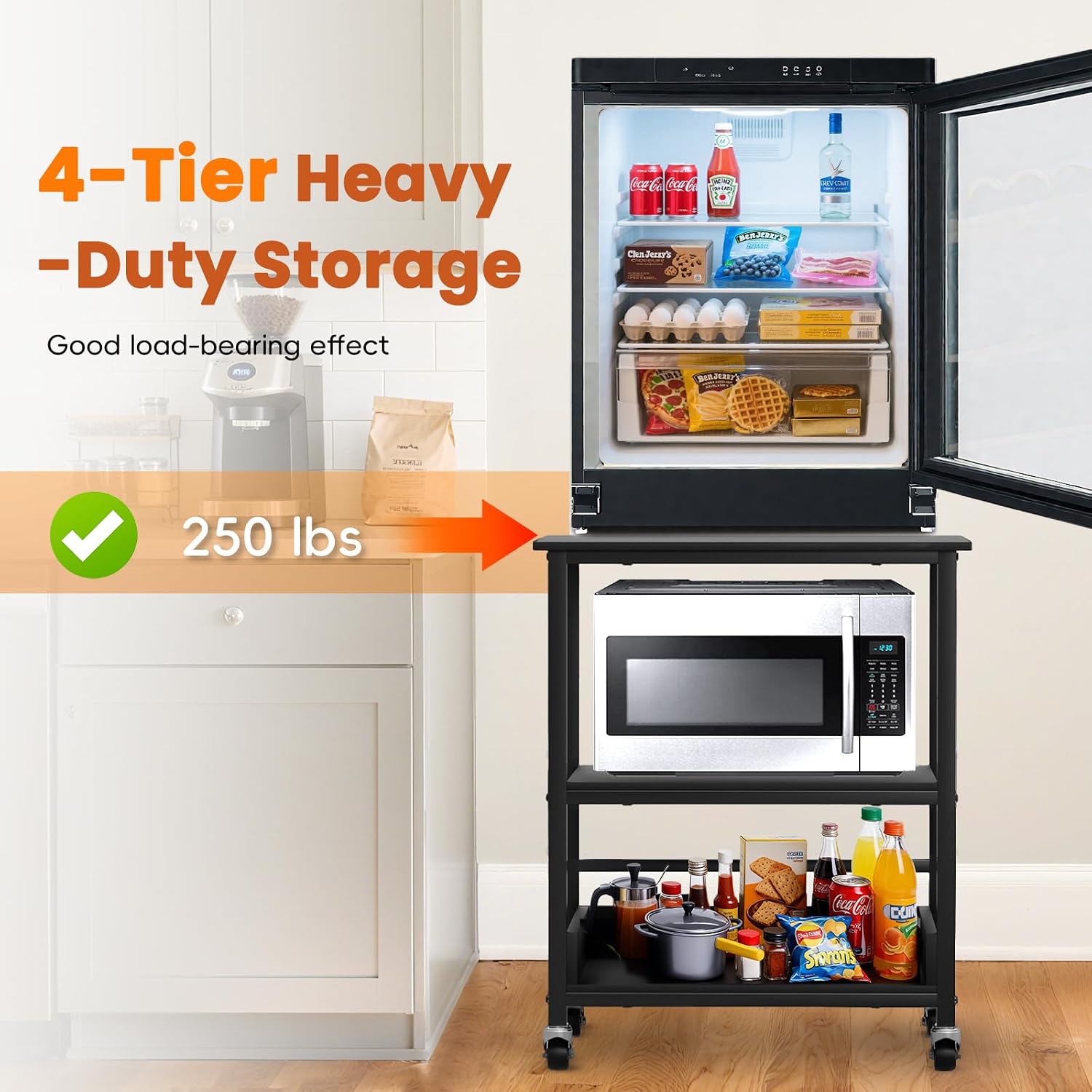 32' H Mini Fridge Stand with Storage - Avoid Bending Over Fit Elderly Pregnant Women Mini Fridge Shelf 4-Tier Small Refrigerator Stand with Adjust Storage Space Stainless Steel Wheel 19.7' L x 19.7' W
