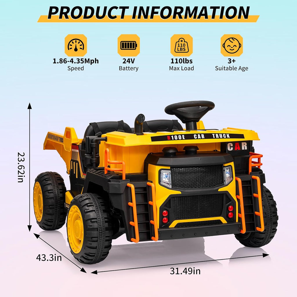 24V Kids Ride On Dump Truck with R/C, 2 Seater Electric Car - 2WD/4WD Powerful Motors, 4.4 Mph, Electric Dump Bed & Shovel, EVA Tires, Music Player, Soft Start, 19' Spacious Seat (Yellow)