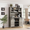 IDEALHOUSE 70'' Wine Coffee Bar Cabinet with Storage Hutch, Tall Kitchen Pantry Liquor Cabinet with Sliding Barn Doors, Bottle Glasses Rack, Farmhouse Buffet for Home Dining Room, Gray