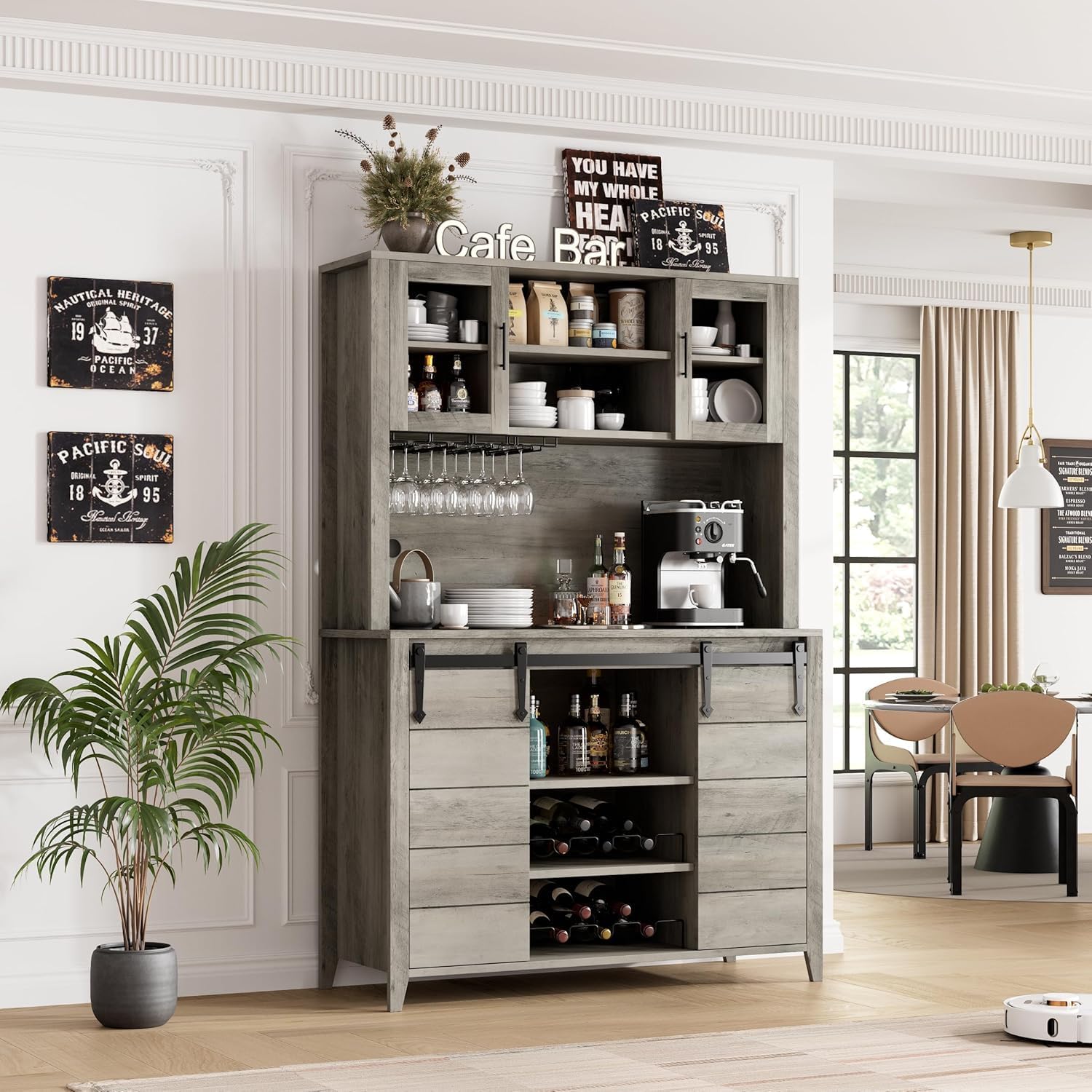 IDEALHOUSE 70'' Wine Coffee Bar Cabinet with Storage Hutch, Tall Kitchen Pantry Liquor Cabinet with Sliding Barn Doors, Bottle Glasses Rack, Farmhouse Buffet for Home Dining Room, Gray
