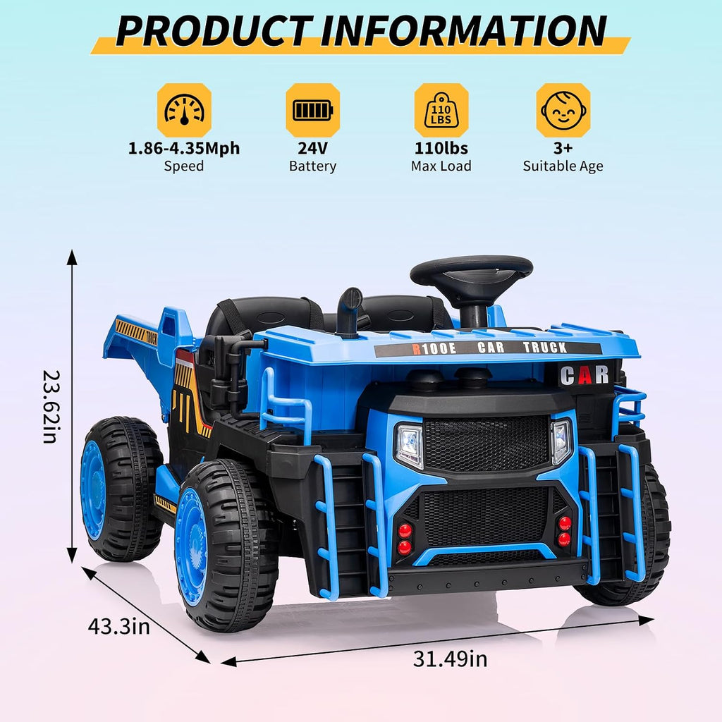 24V Kids Ride On Dump Truck with R/C, 2 Seater Electric Car - 2WD/4WD Powerful Motors, 4.4 Mph, Electric Dump Bed & Shovel, EVA Tires, Music Player, Soft Start, 19' Spacious Seat (Blue)