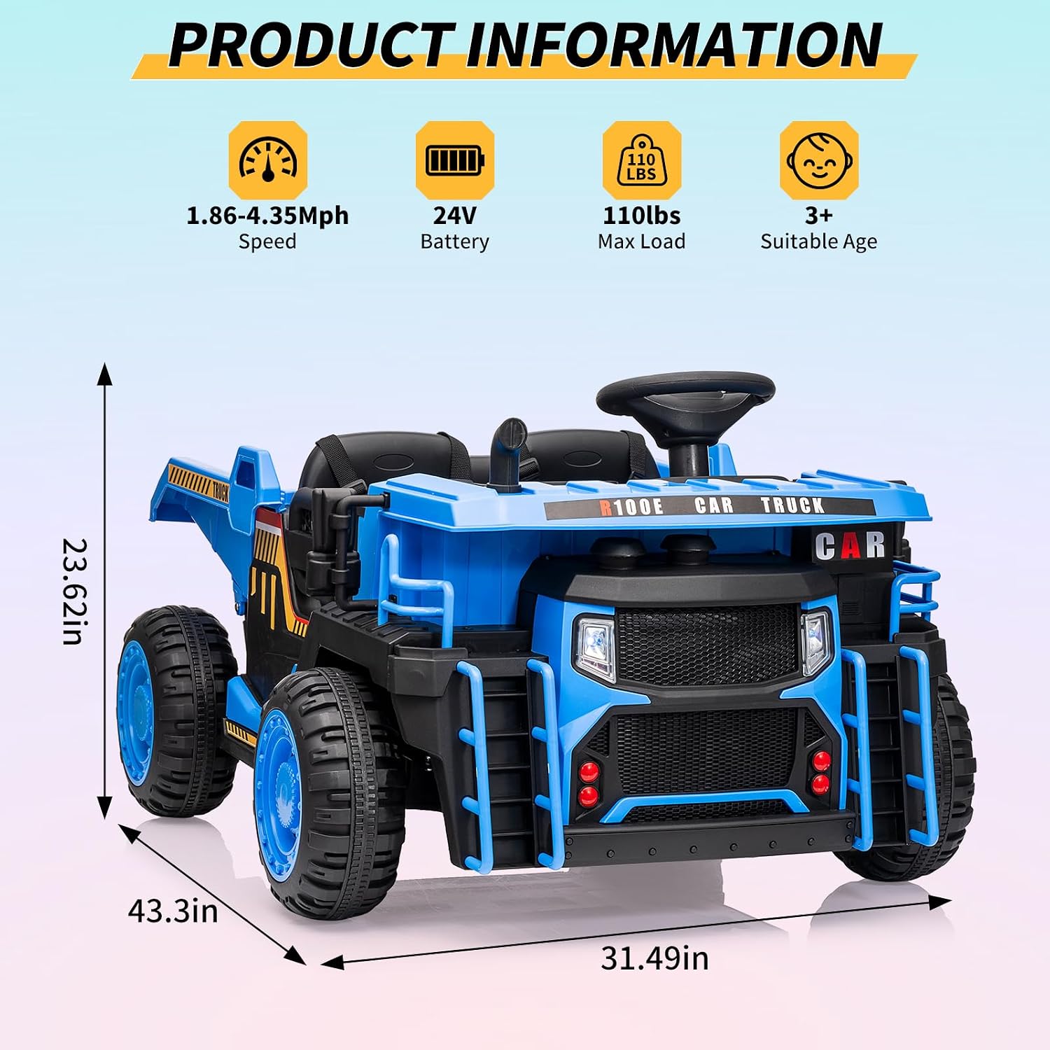 24V Kids Ride On Dump Truck with R/C, 2 Seater Electric Car - 2WD/4WD Powerful Motors, 4.4 Mph, Electric Dump Bed & Shovel, EVA Tires, Music Player, Soft Start, 19' Spacious Seat (Blue)