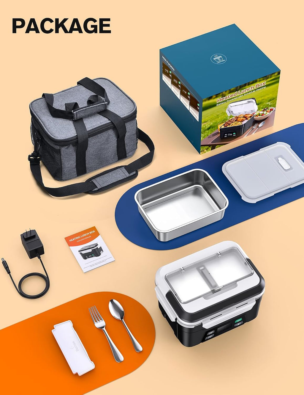 EAST OAK XL 6.3 Cups Cordless Electric Lunch Box for Adults, Heated Lunch Box Battery Powered with Automatic Heating, Portable Food Warmer with Removable Tray Divider