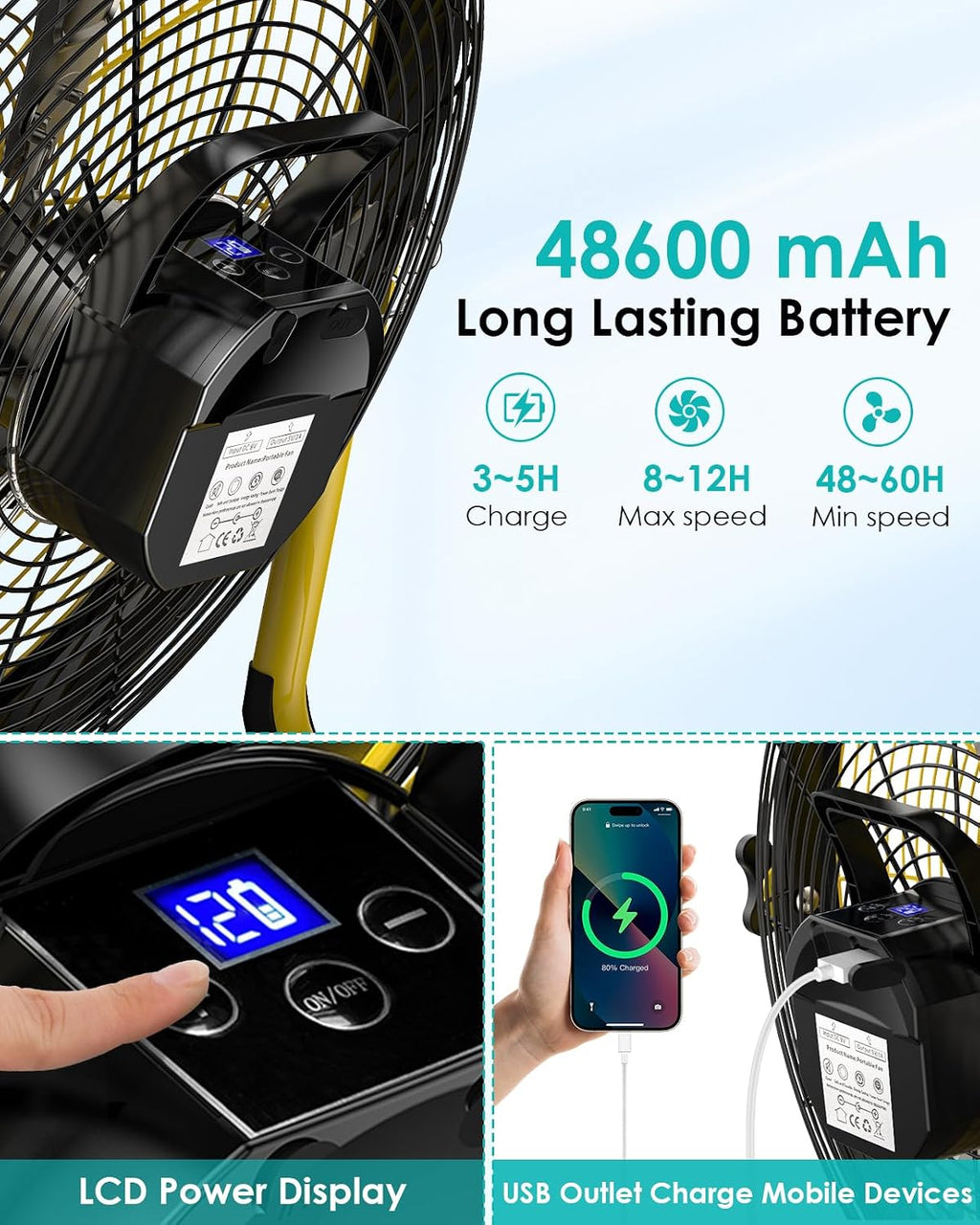 ZHULI 18' Solar Fan, Portable Battery Operated Floor Fan, Rechargeable Cordless Camping Fan, 40W Solar Panel, Hi-Velocity Brushless Motor, Metal blade, USB Phone Charge, 8~60H Runtime, Quiet, Wireless