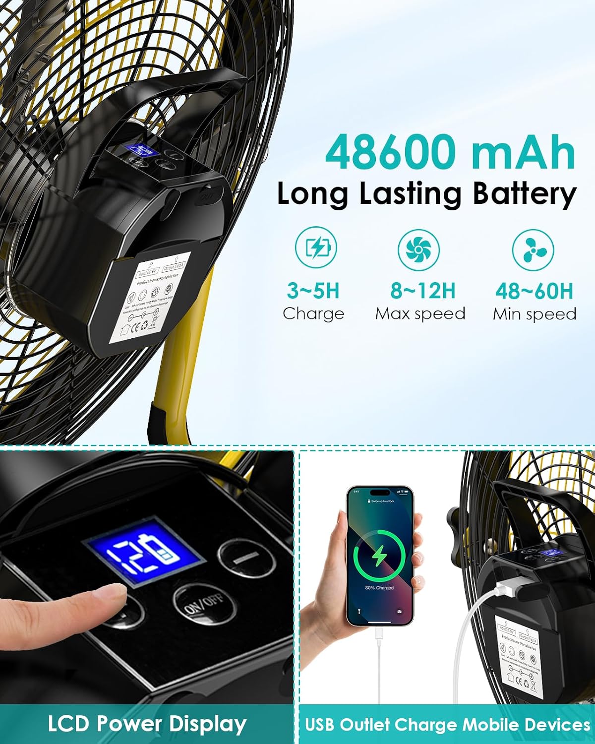 ZHULI 18' Solar Fan, Portable Battery Operated Floor Fan, Rechargeable Cordless Camping Fan, 40W Solar Panel, Hi-Velocity Brushless Motor, Metal blade, USB Phone Charge, 8~60H Runtime, Quiet, Wireless