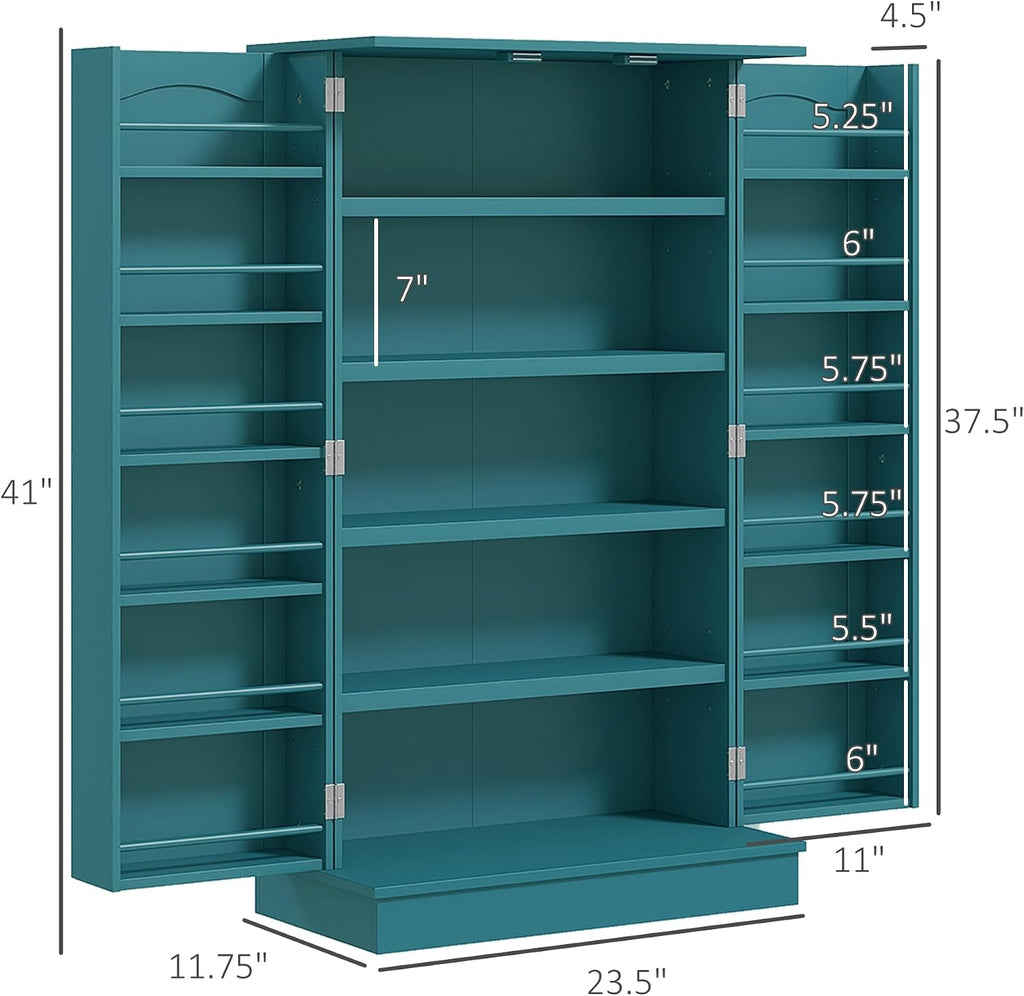 HOMCOM 41' Kitchen Pantry Storage Cabinet, Freestanding Kitchen Cabinet with 12 Door Shelves, Double Doors, 5-Tier Shelving and Adjustable Shelves, Blue