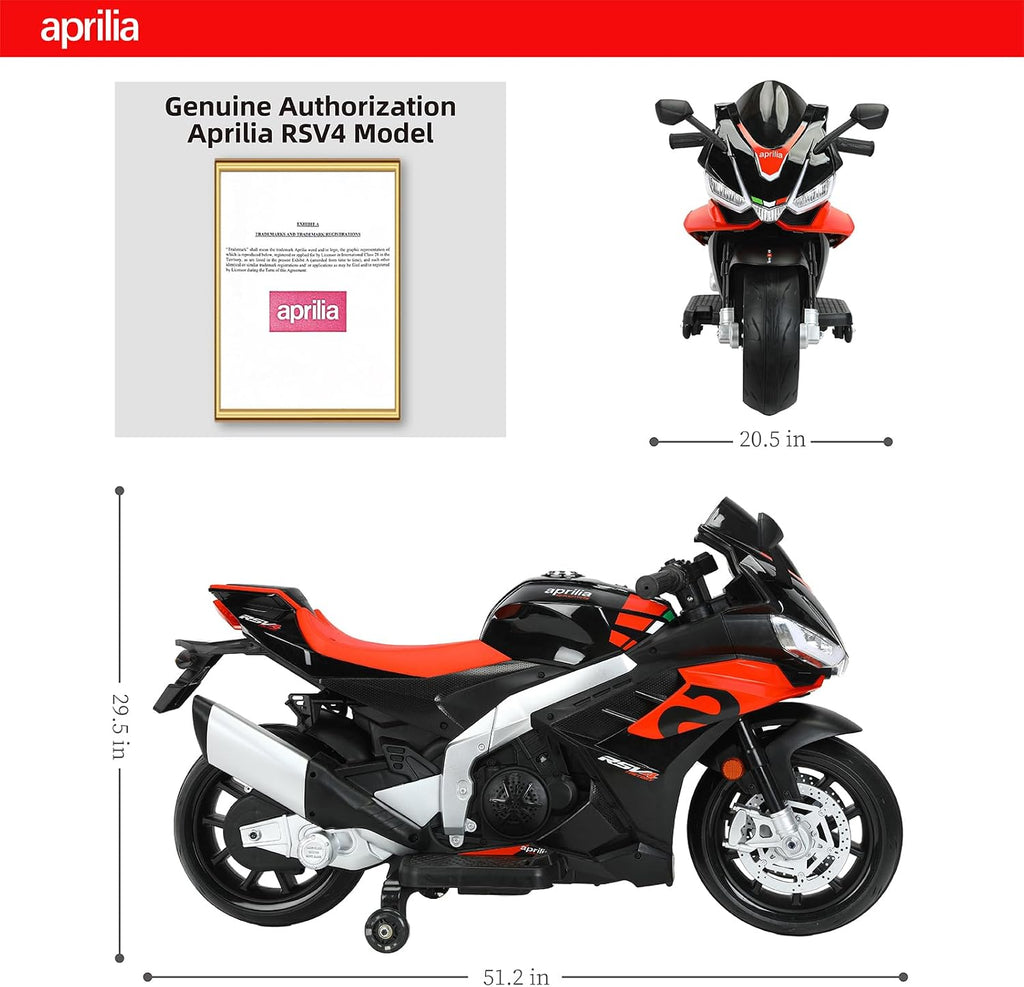 TCARAIWEN Aprilia Licensed 24V Kids Electric Motorcycle,Ride-On Motorcycle Speed Up to 8mph with Side Wheels, Key Switch and Mp3 (Normal Motors - 24V, Black)