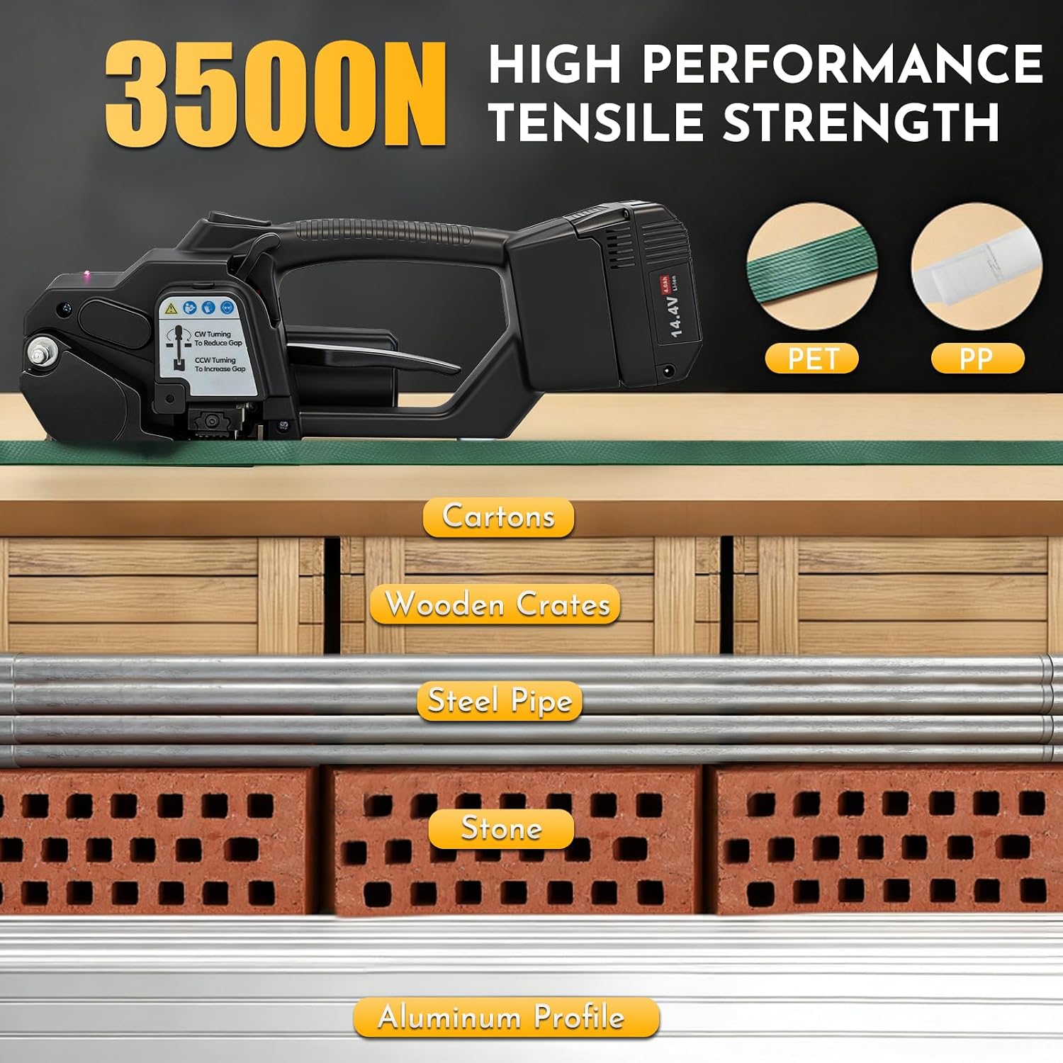 Cordless Electric Strapping Tool for PP/PET Straps, Adjustable Tension 3500N, Dual Battery Powered Handheld Banding Machine for Cartons, Pallets & Industrial Packaging