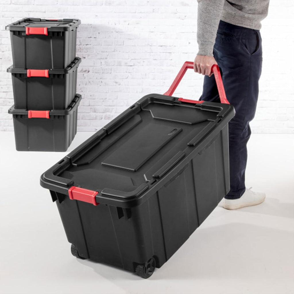 Sterilite 12-Pack Industrial Tote, Plastic Storage Bins with Lids, 15 Gallon, Black - Heavy-Duty Organizing Containers for Closet, Bathroom, and Office