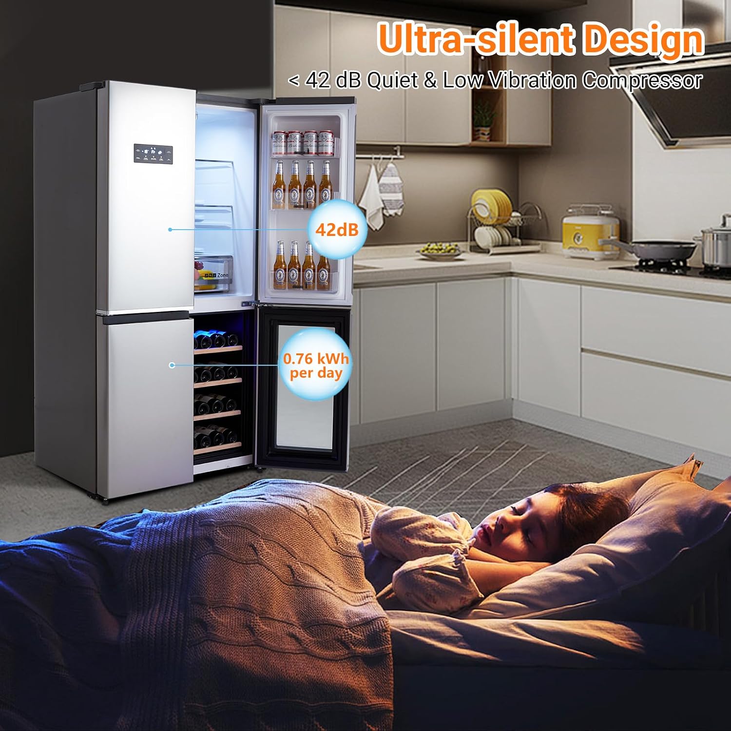 GarveeLife 36 In French Door Refrigerator, 21 Cu.Ft. Counter Depth Refrigerator Bottom Freezer with Wine Cabinet, Stainless Steel 4 Doors Fridges Kitchen Freezer, Adjustable Shelves