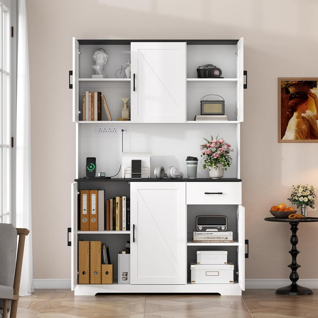 71' Tall Kitchen Pantry Storage Cabinet with Charging Station,Farmhouse Buffet Cabinet with Microwave Shelf,Large Kitchen Hutch Cabinet Doors & Drawer,Food Pantry for Dining Room,Living Room (White)