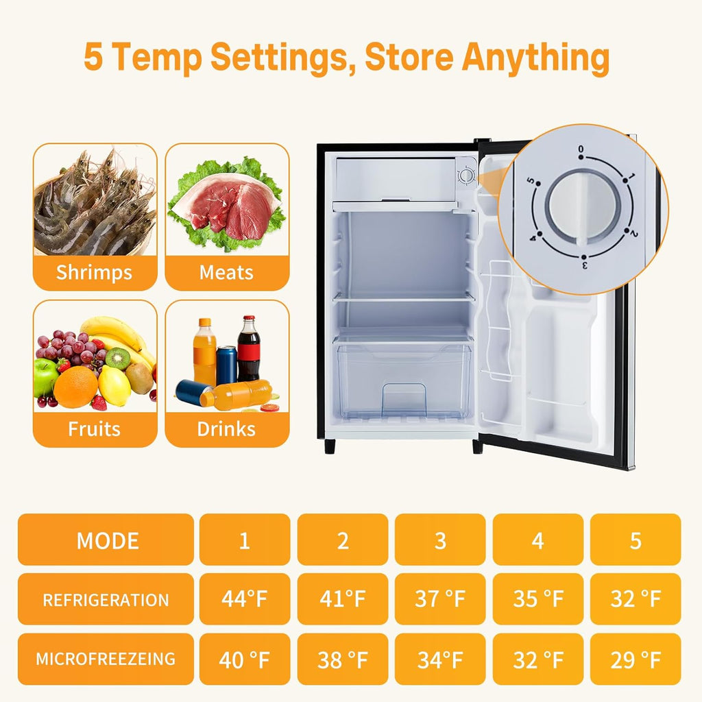 NEWBULIG Mini Fridge with Freezer 3.2 Cu.Ft Small Refrigerator for Office, Dorm, Small Fridge with Adjustable Thermostat, Energy Saving, Singel Door, Sliver