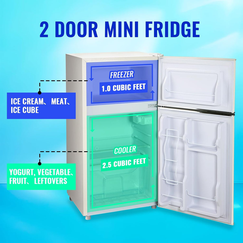 Mini Refrigerator with Freezer Small Fridge Double Door Side Drink Holder Adjustable Glass Shelves, Plastic Crisper, 7 Level Temperature Control for Bedroom, Office, Apartment White