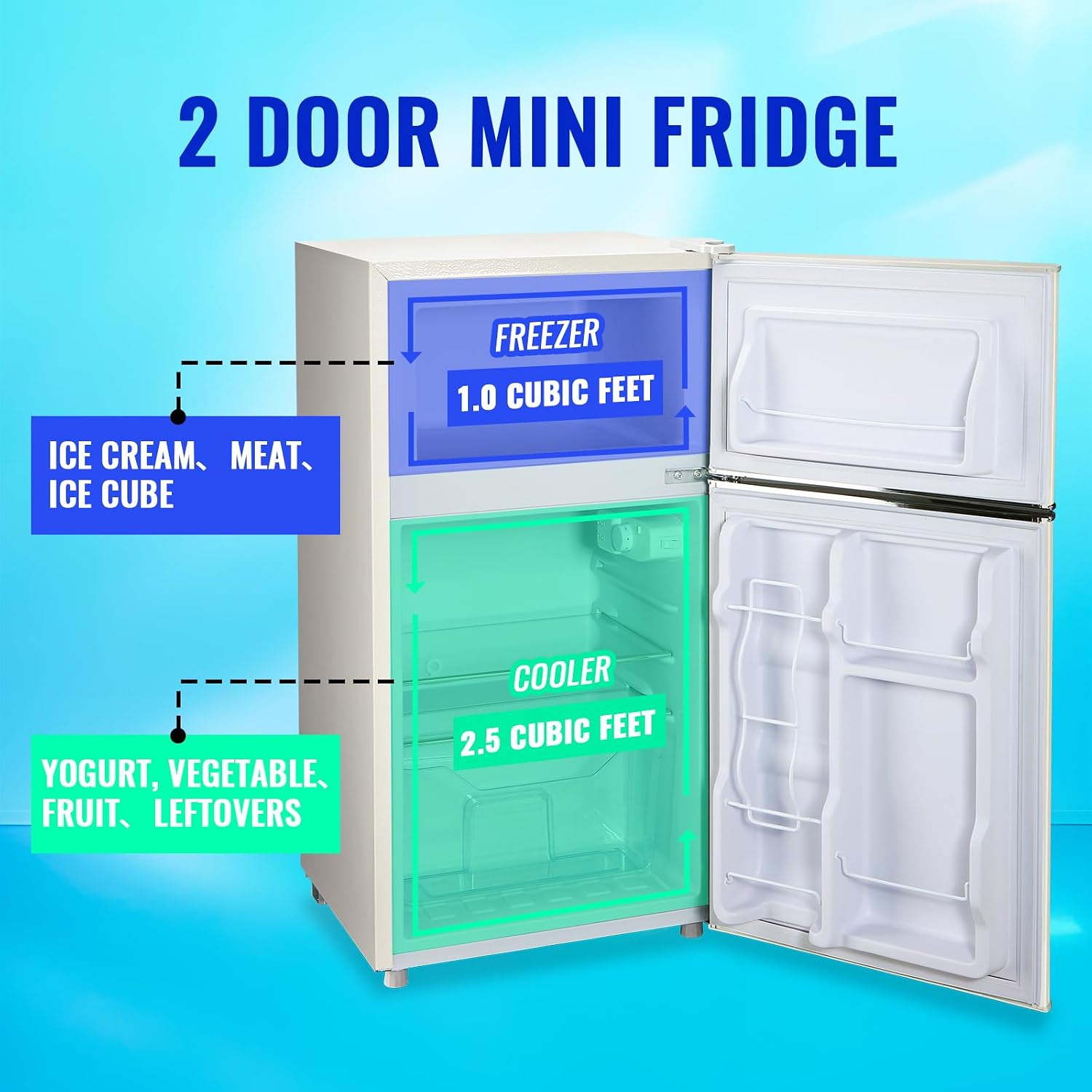 Mini Refrigerator with Freezer Small Fridge Double Door Side Drink Holder Adjustable Glass Shelves, Plastic Crisper, 7 Level Temperature Control for Bedroom, Office, Apartment White