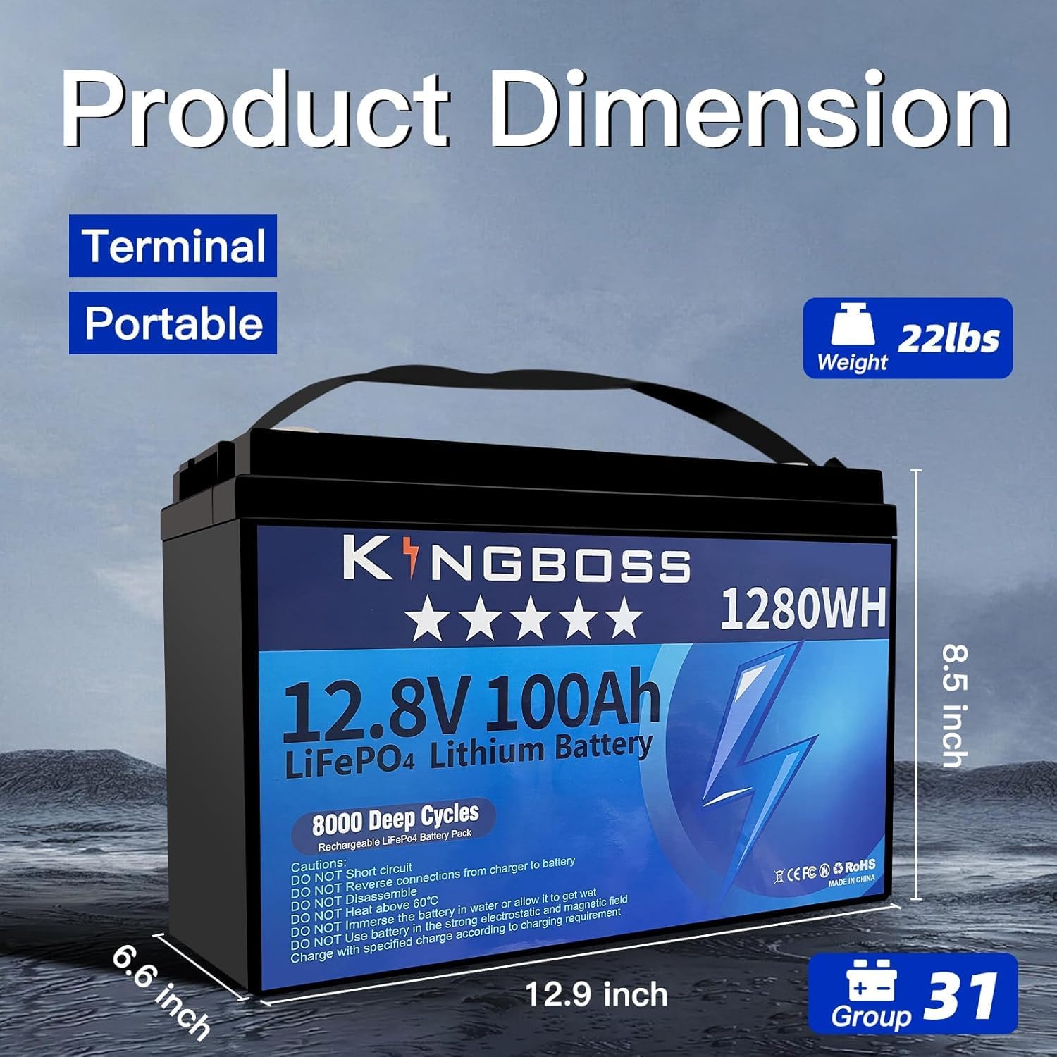 12V 100Ah LiFePO4 Battery, Group 31 Lithium Battery Built-in 100A BMS 8000 Deep Cycles Rechargeable 1280Wh Lithium Iron Phosphate Batterys Waterproof for Energy Storage, RV, Home, Solar System