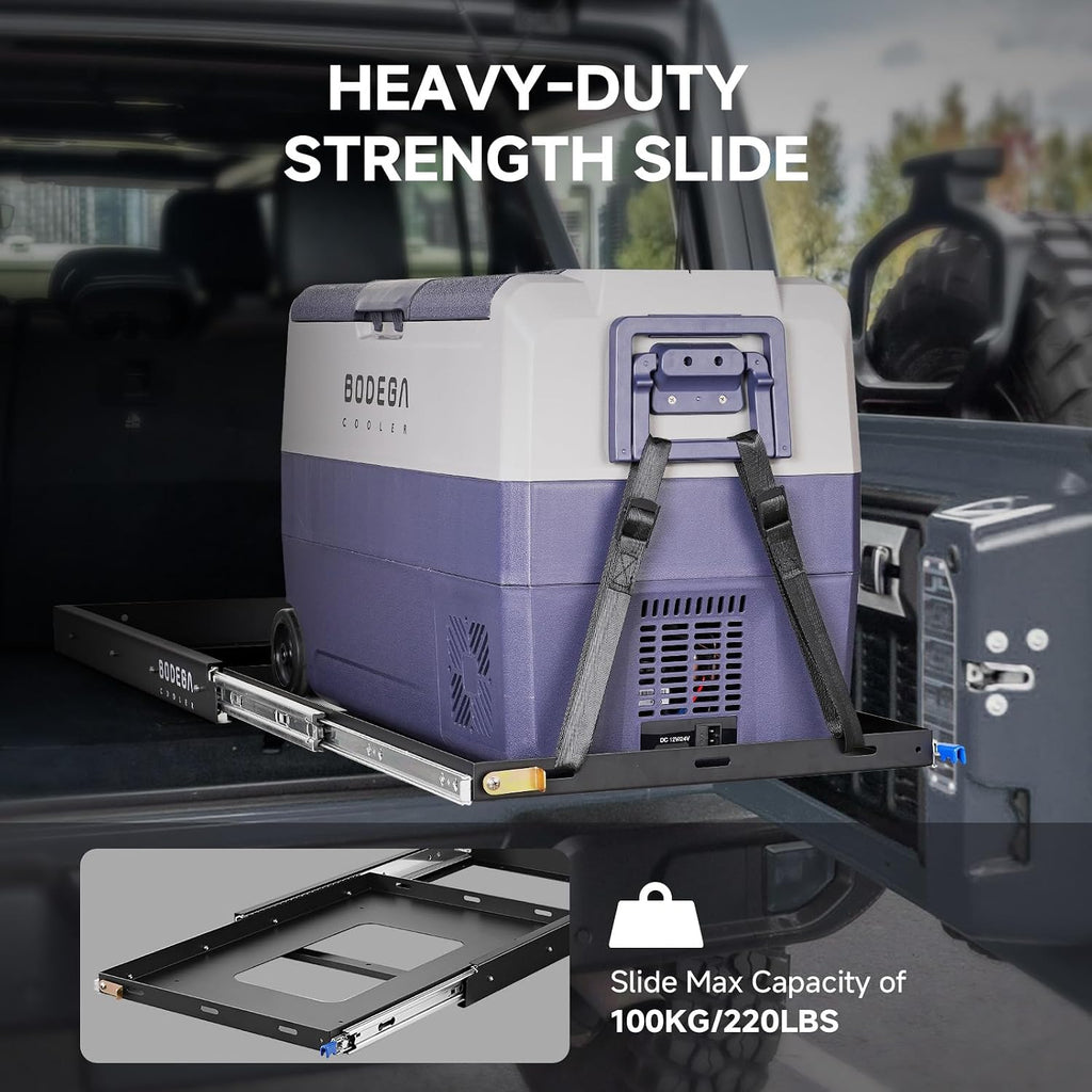 BODEGACOOLER Car Fridge Slide, Inner 29.4 x 17.2in, Vehicle Refriderator Slider with 4 Buckle Straps, Max 220 LBS/100Kg