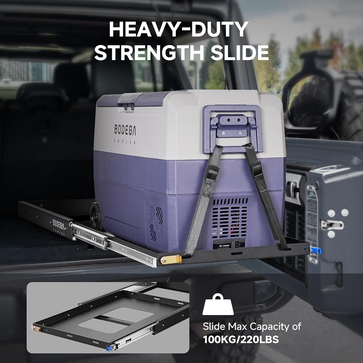 BODEGACOOLER Car Fridge Slide, Inner 29.4 x 17.2in, Vehicle Refriderator Slider with 4 Buckle Straps, Max 220 LBS/100Kg