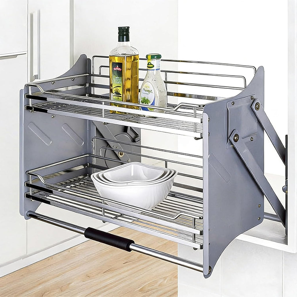 Pull-Down Cabinet Organizer, 2 Tier Pull down Shelf for Kitchen Upper Cabinet, Pull-Out Rack System Inner Space Saving Plate for Kitchen Appliance Lift Upper Cabinet, 22 Inch Width