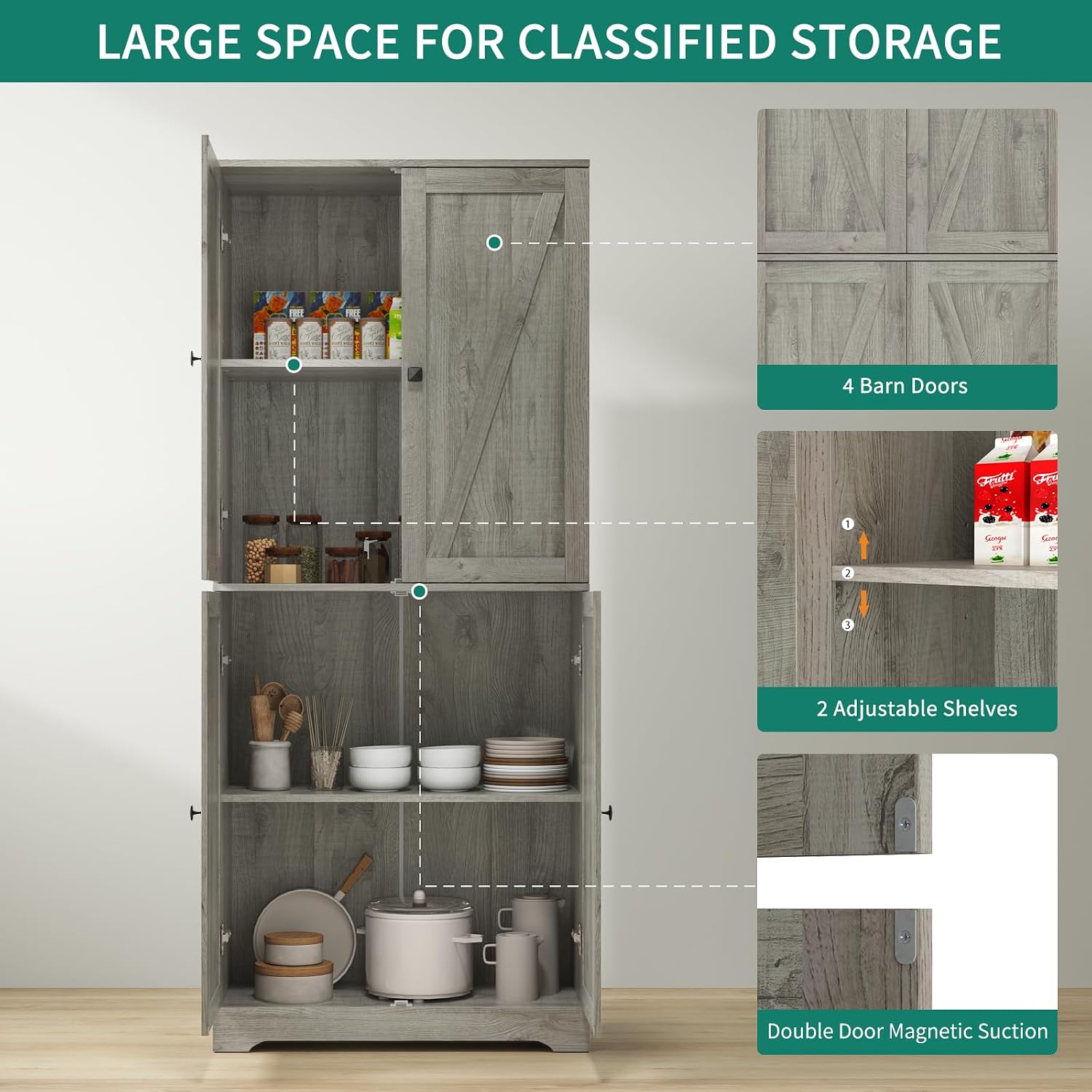 Kitchen Pantry Cabinet Set of 3, 72' Tall Farmhouse Storage Cabinet with 4 Barn Doors and Adjustable Shelves, Versatile Storage for Kitchen, Living Room, Grey