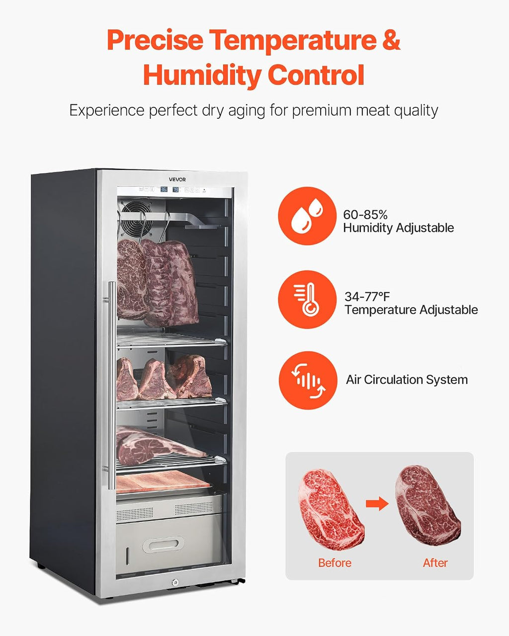 VEVOR 232 LBS Dry Aging Fridge for Steaks, Dry Ager Refrigerator for Meat with Precise Temperature & Humidity Control, Freestanding Beef Aging Machine Refrigerator, Himalayan Salt Not Included