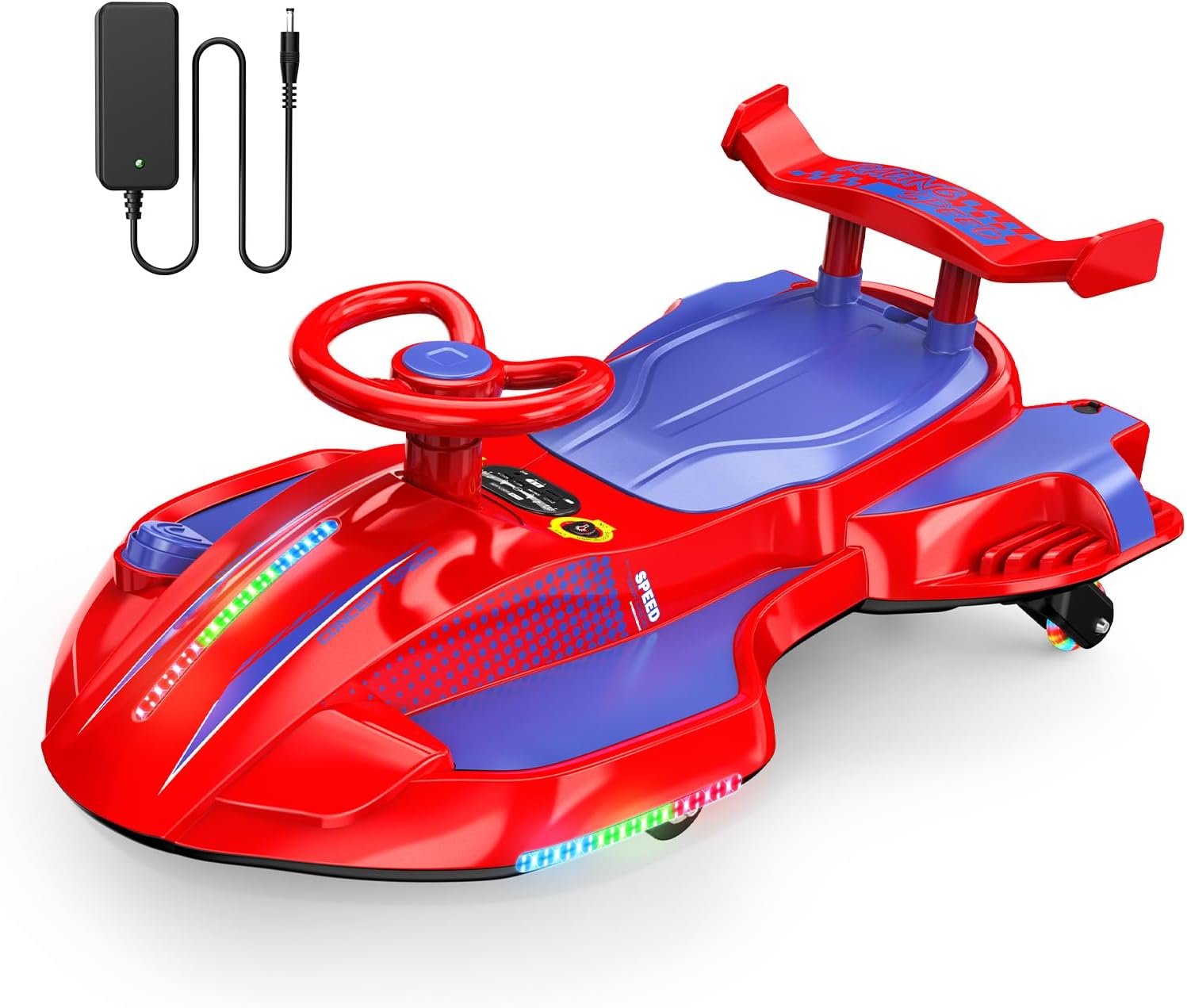 12V Electric Wiggle Car Ultra with Pedals, Rechargeable Swing & Drift Car, Anti-Rollover Design with Backrest, Spray, Flashing Lights, Music & Bluetooth, for Ages 3 and Up, 150 lbs(Red + Purple)
