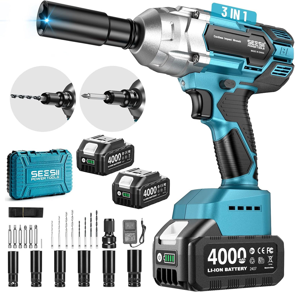 Seesii Cordless Impact Wrench 1/2 inch, High Torque 479 Ft-lbs(650Nm) Brushless Impact Gun,2500RPM w/2x4.0 Battery, 6 Sockets,8 Drill Bits, High Torque Power Impact Driver for Car Home,WH6 Lite