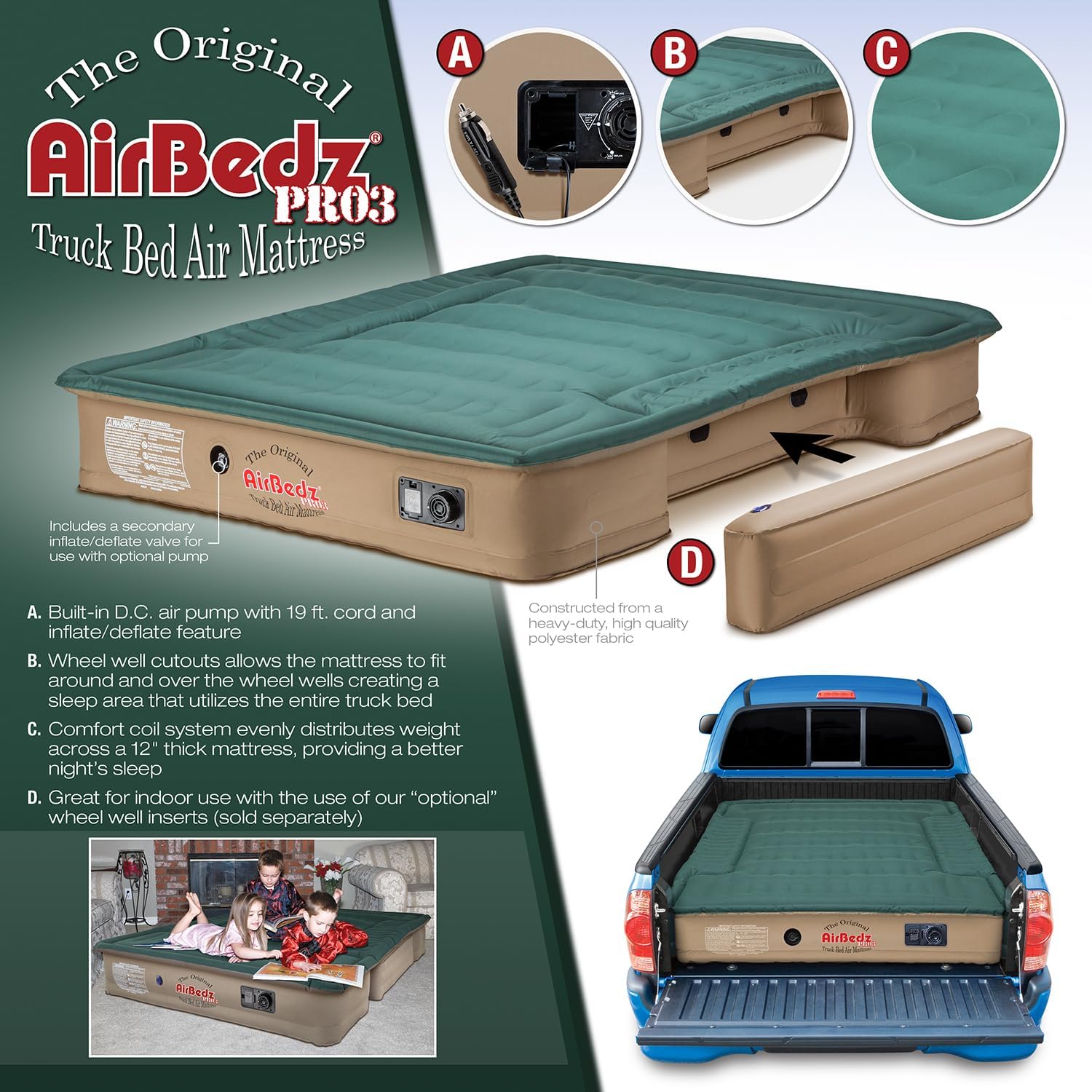 Pittman Outdoors AirBedz Air Mattress – Pro3 Series Truck Bed Mattress for Mid Size - Standard - 6' - 6.5' - 25% More Coverage, 1000lb Capacity, with Built-In Pump, Carry Bag - PPI-303