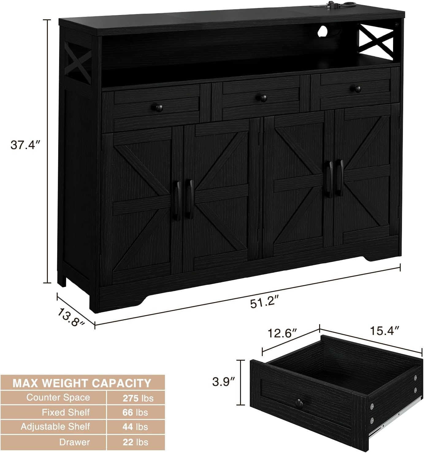 Befrases 52' L Modern Farmhouse Sideboard Buffet Cabinet, Black Storage Cabinet with Drawers & Shelves, Kitchen Pantry Hutch, Coffee Bar Station Table for Living Room, Dining Room, Entryway