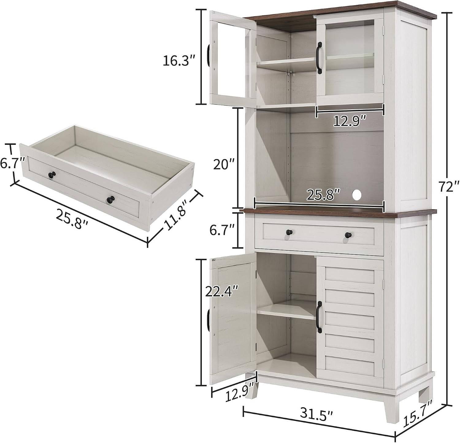 GAOMON Elegant 72' White Pantry Coffee Bar Cabinet – Tall Kitchen Storage with Adjustable Shelves, 4 Glass Doors & 1 Drawer – Multi-Functional Hutch for Dining Room & Kitchen, White