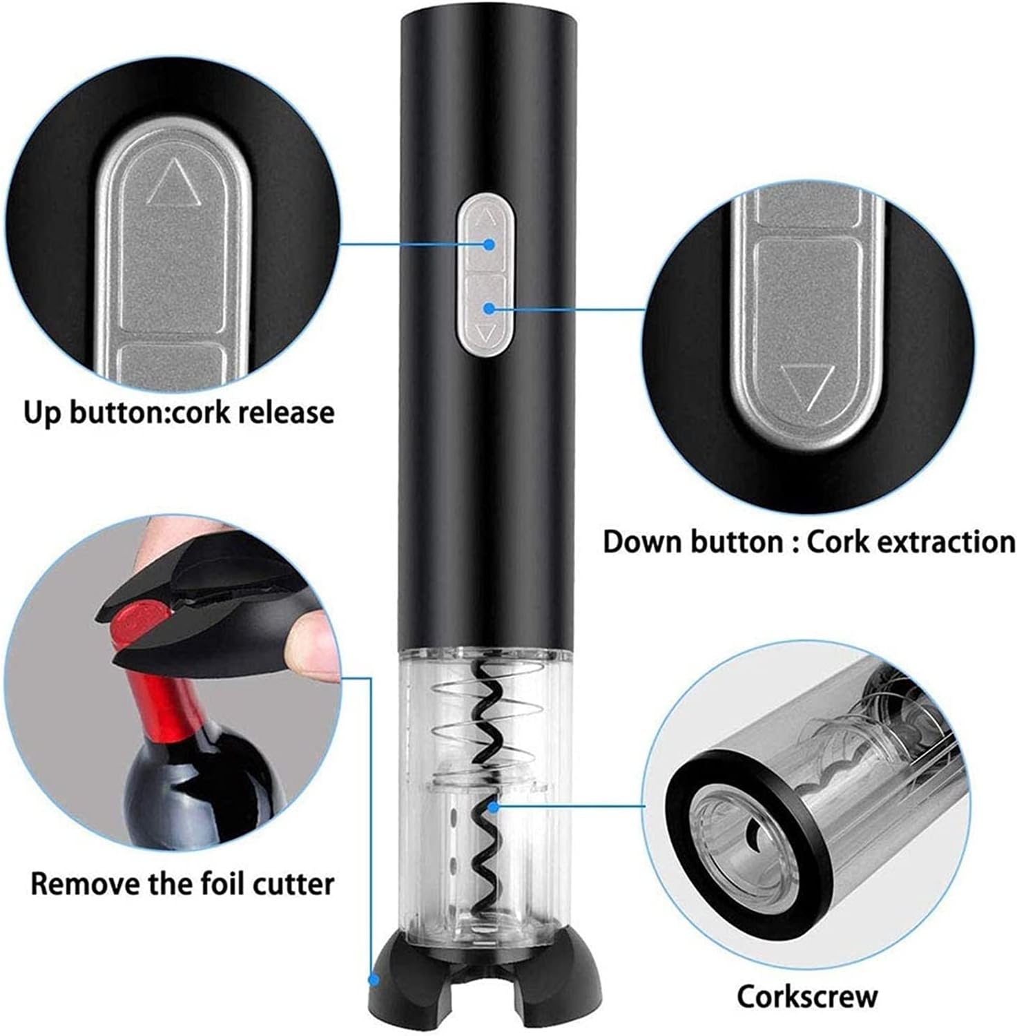 Automatic Electric Corkscrew Wine Bottle Opener One Size Shiny Black