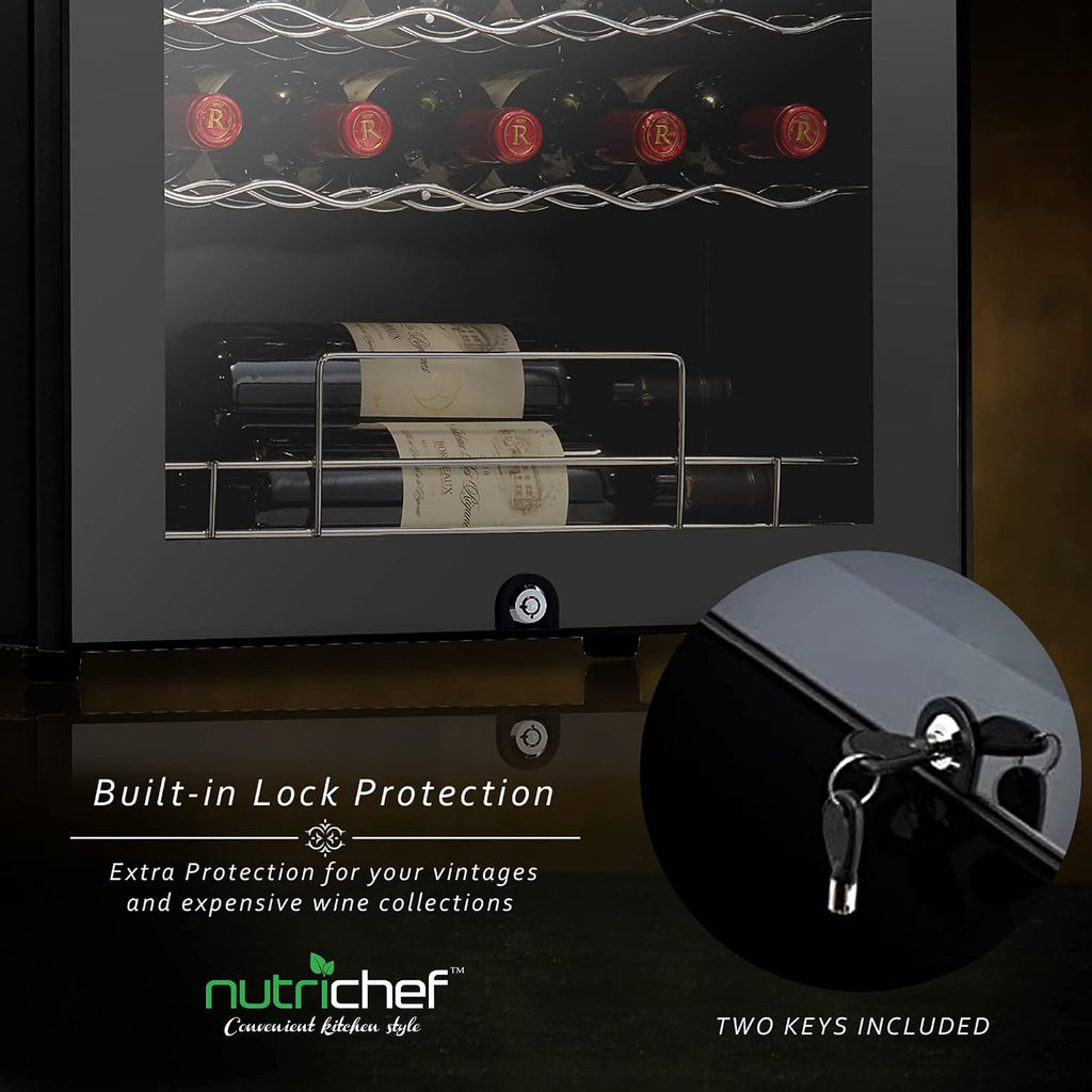 NutriChef PKCWC340 Wine Fridge, 34 Bottle Single Zone Beverage Chiller, 93.5L Capacity, 33x19x17 IN, Black